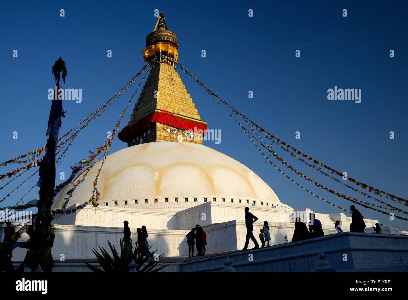Nepal, Kathmandu-Tal, Weltkulturerbe der UNESCO, Silhouette vor der Bodnath Stupa Bodnath Stockfoto
