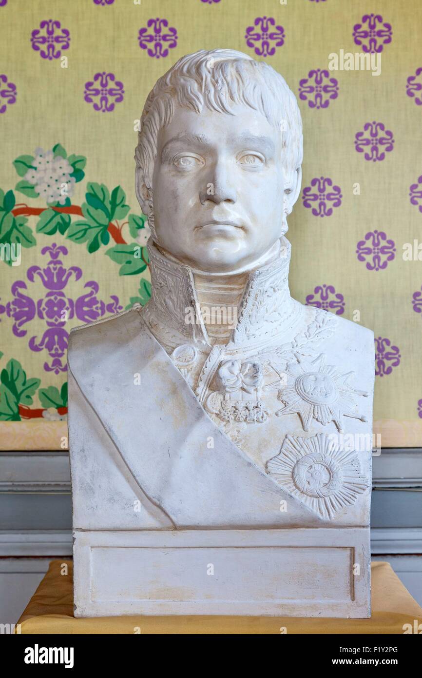 Frankreich, Yvelines, Maisons Laffitte, Château de Maisons, Burg von Mansart gebaut im 17. Jahrhundert, Büste von Marechal Lannes Stockfoto