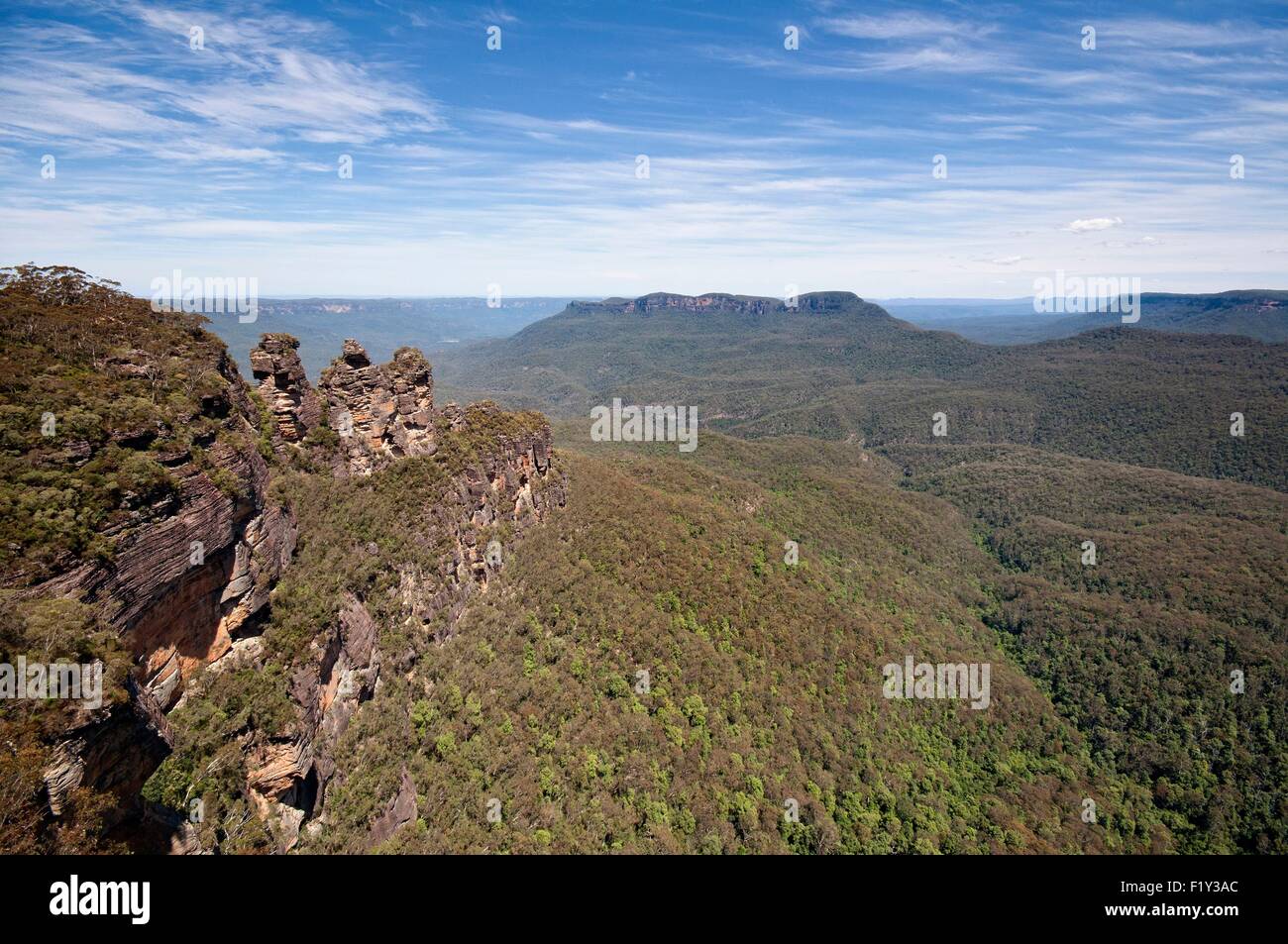 Australien, New South Wales, Blue Mountains National Park als Weltkulturerbe der UNESCO, Prinz Henry Cliff Track, Blick vom Echo Point Lookout der drei Schwestern, Symbol des Parks aufgelistet Stockfoto