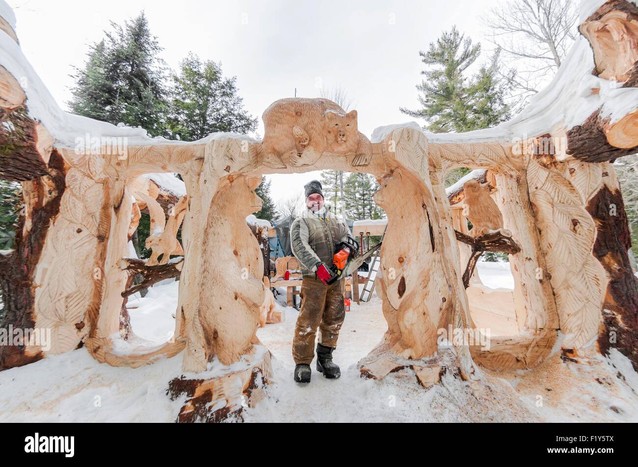 Kanada, Quebec, Outaouais, Michel Timberman schnitzen Holz im Parc Omega Stockfoto