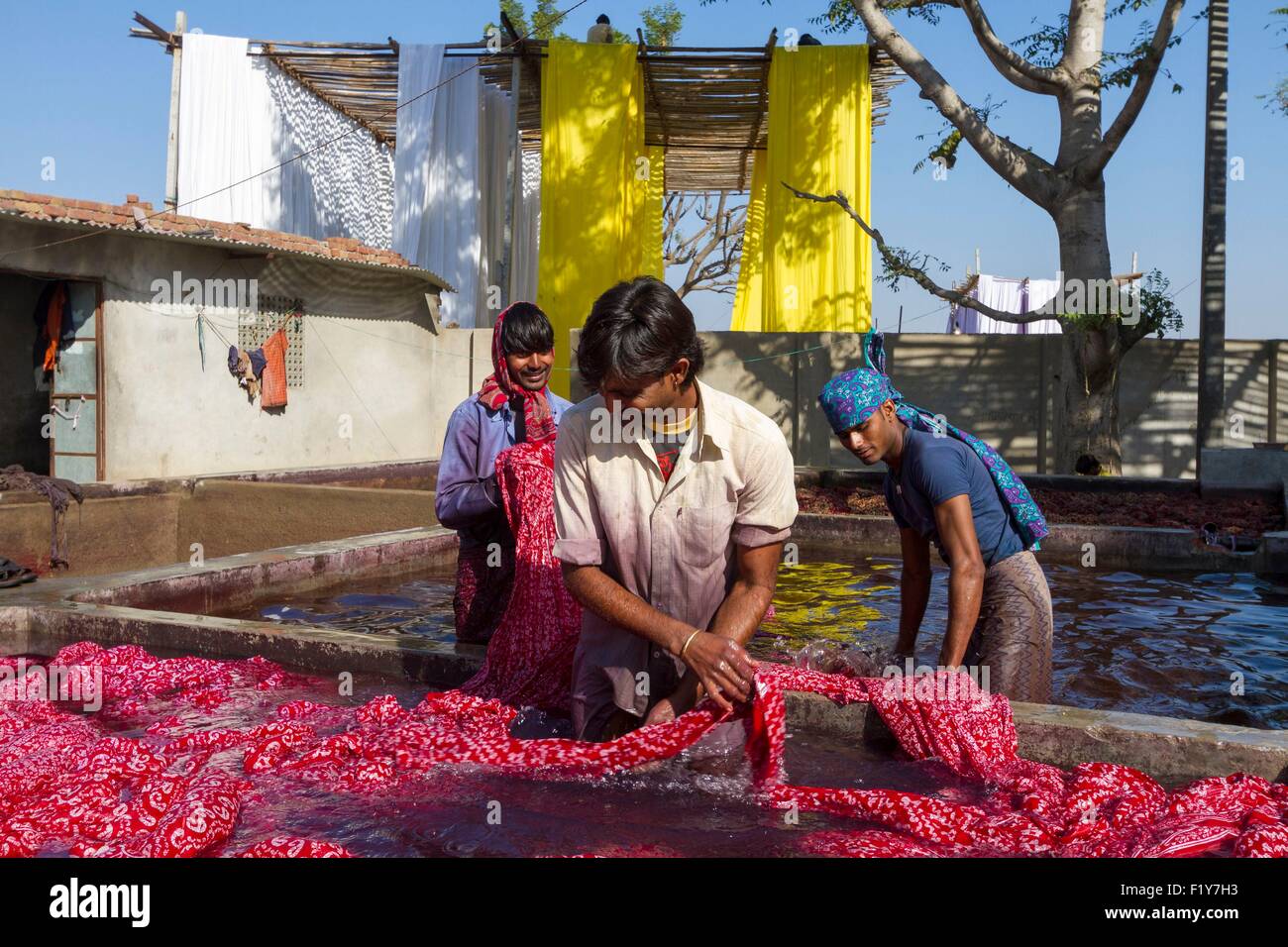 Indien, Rajasthan State Sanganer, Textilfabrik, Textilien, waschen und trocknen auf Bambus-Strukturen Stockfoto