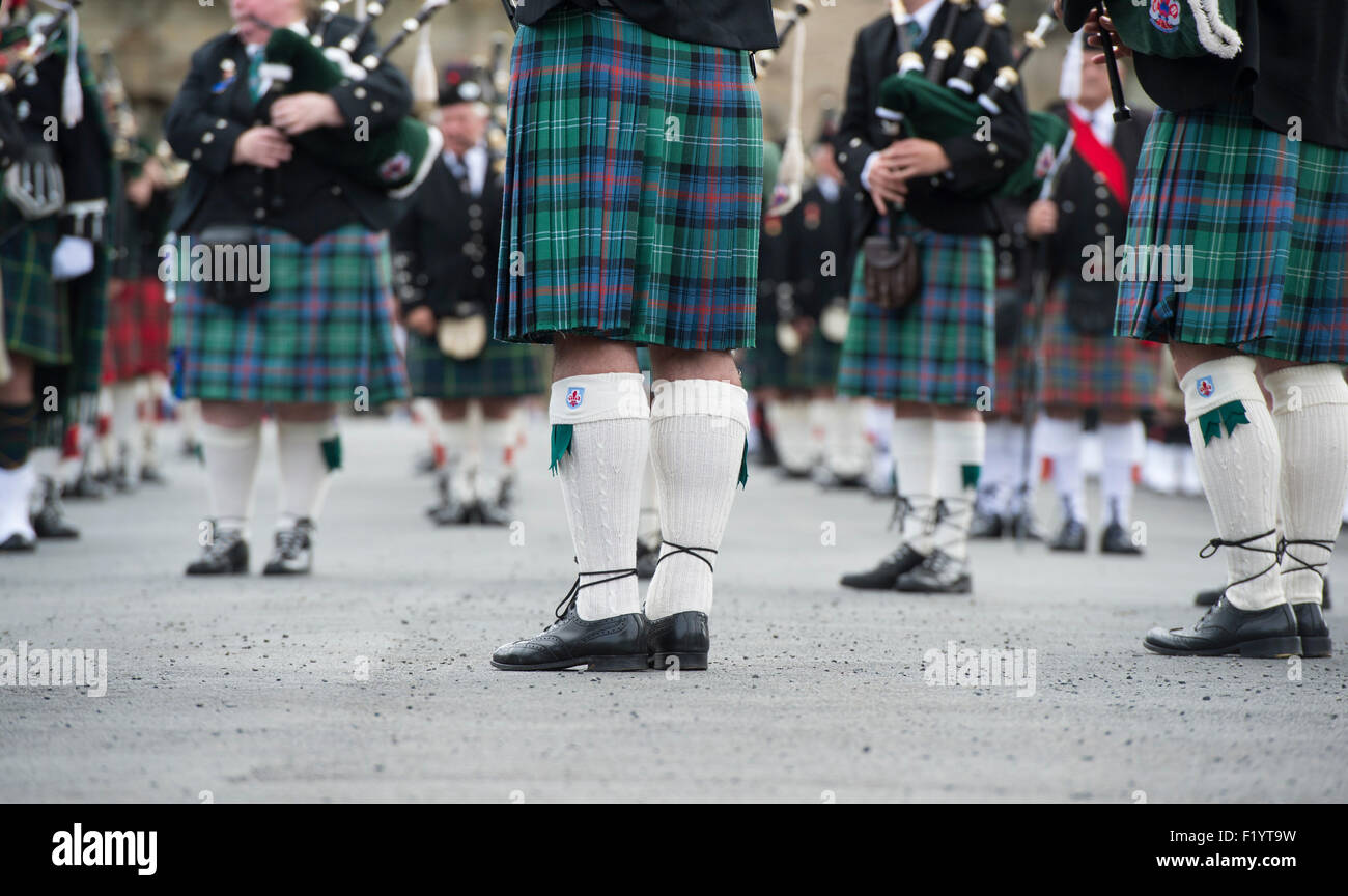 Dudelsackspieler Kilts abstrakt. Massed Pipebands auf Floors Castle. Kelso, Schottland Stockfoto