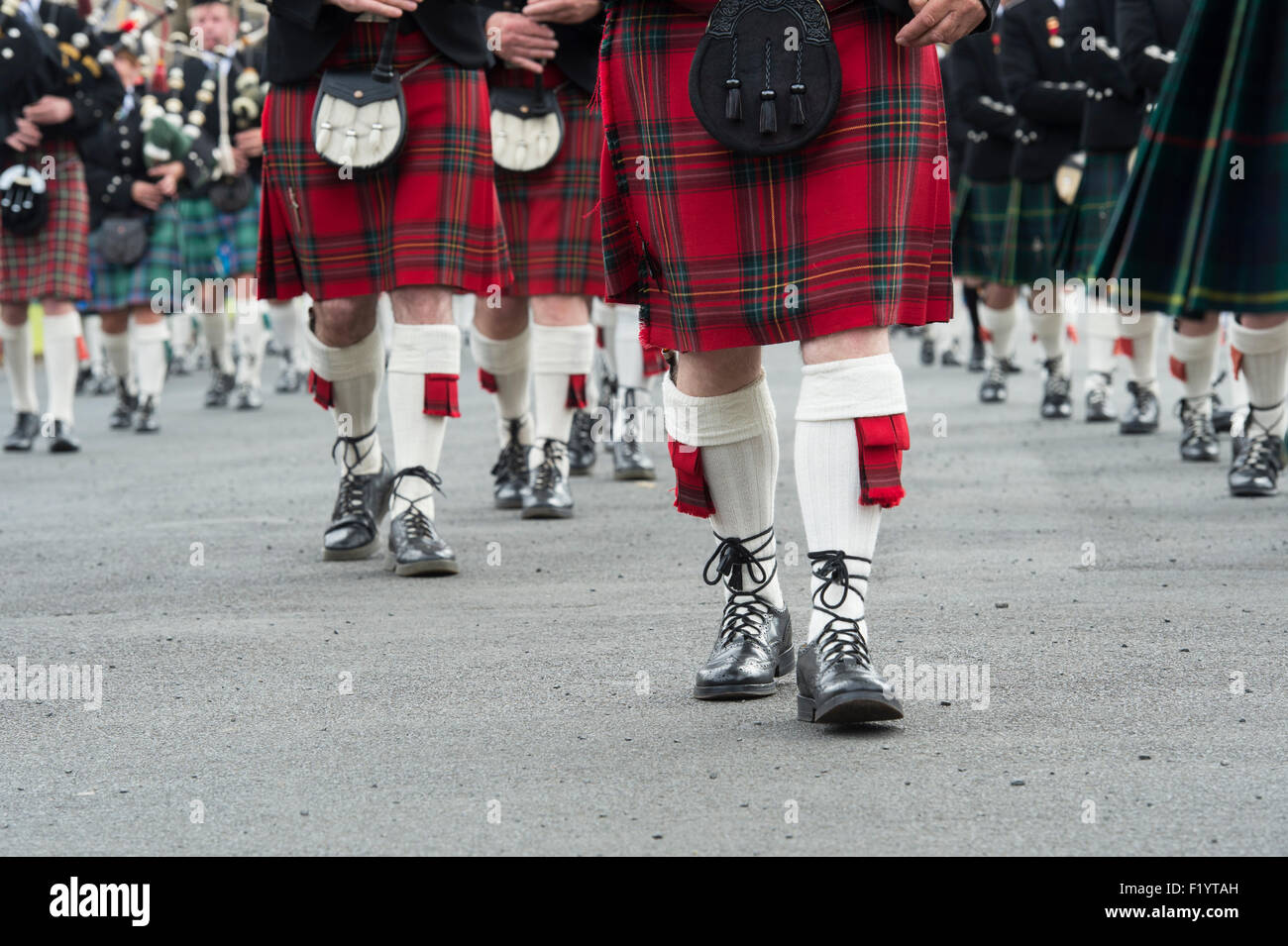 Dudelsackspieler Kilts abstrakt. Massed Pipebands auf Floors Castle. Kelso, Schottland Stockfoto