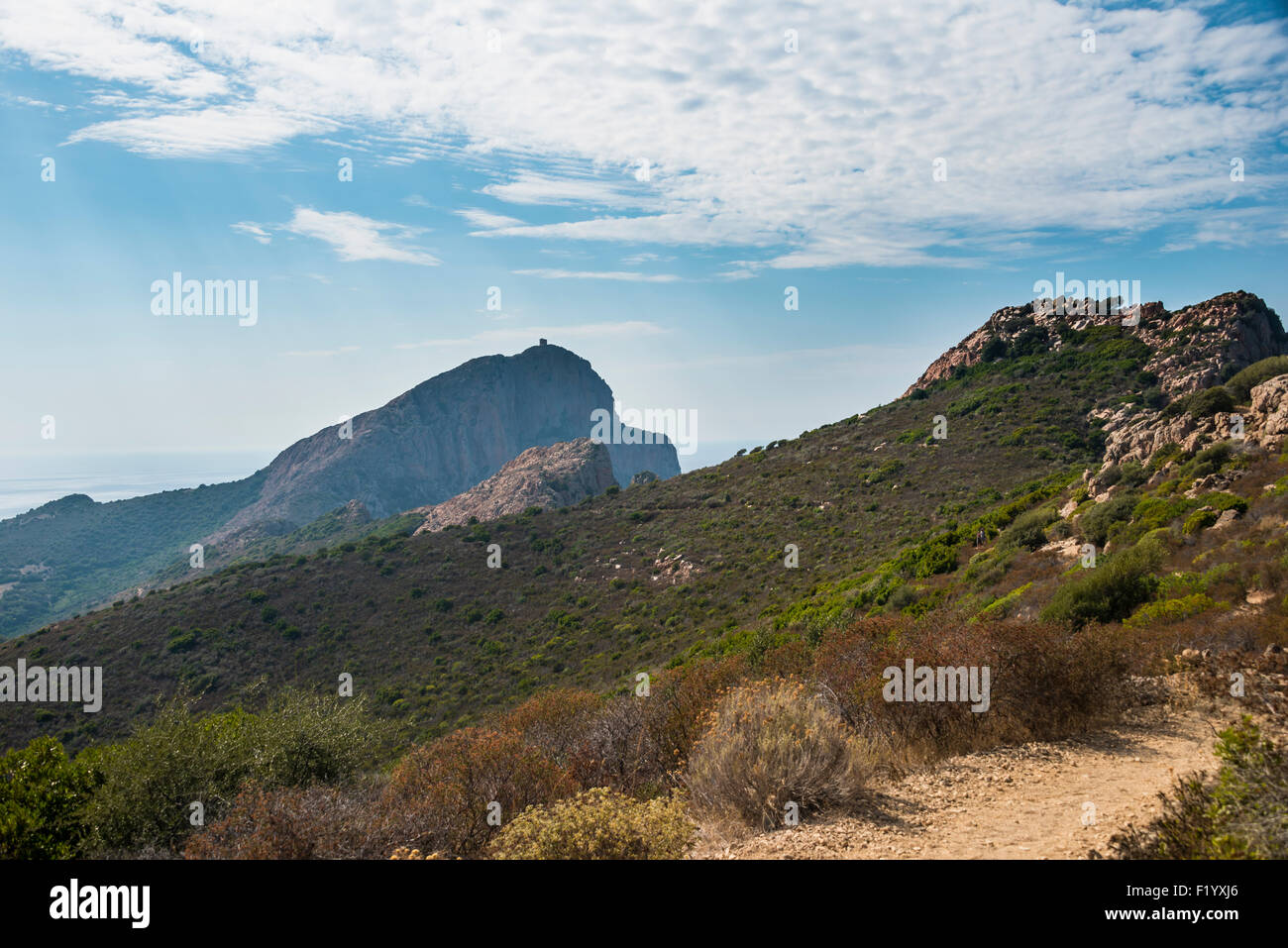 Trail mit genuesischen Turm hinter, Küsten- und Berglandschaft, Golf von Porto, Korsika, Frankreich Stockfoto
