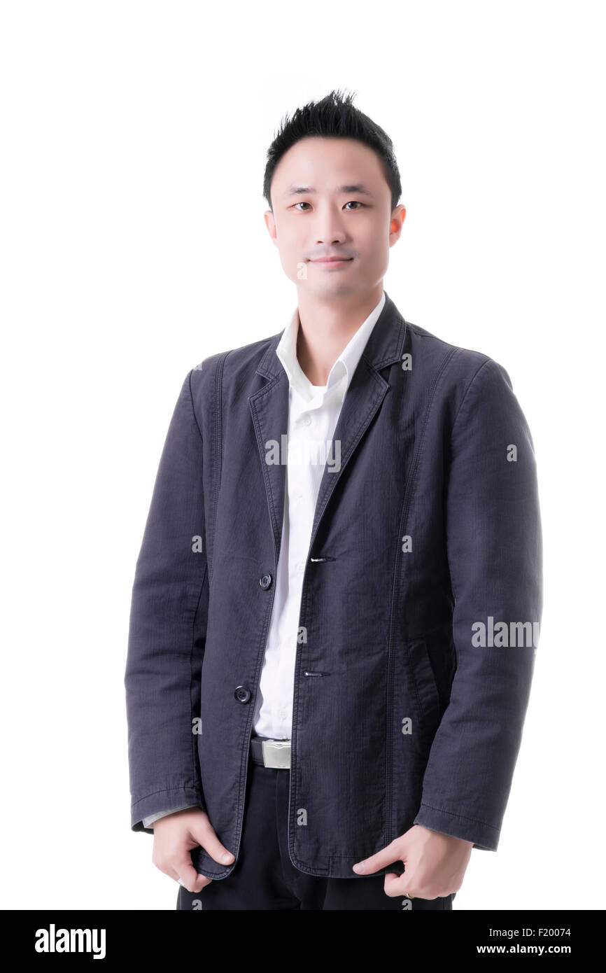 Asiatischer Mann im Büro Geschäftskonzept, Portriat Profil auf weißem Hintergrund Stockfoto