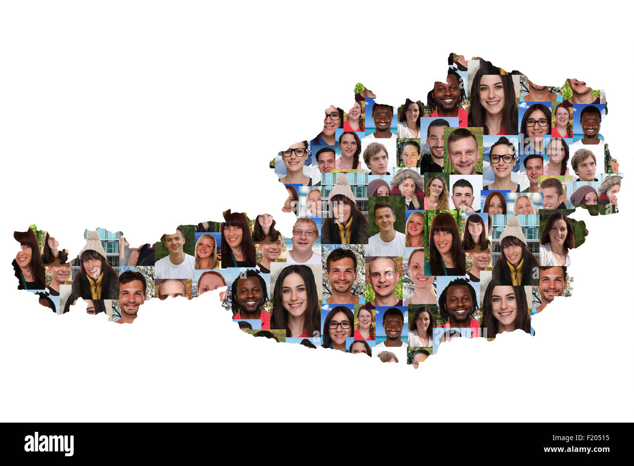 Österreich Karte multikulturelle Gruppe von Jugendlichen Integration Vielfalt isoliert Stockfoto