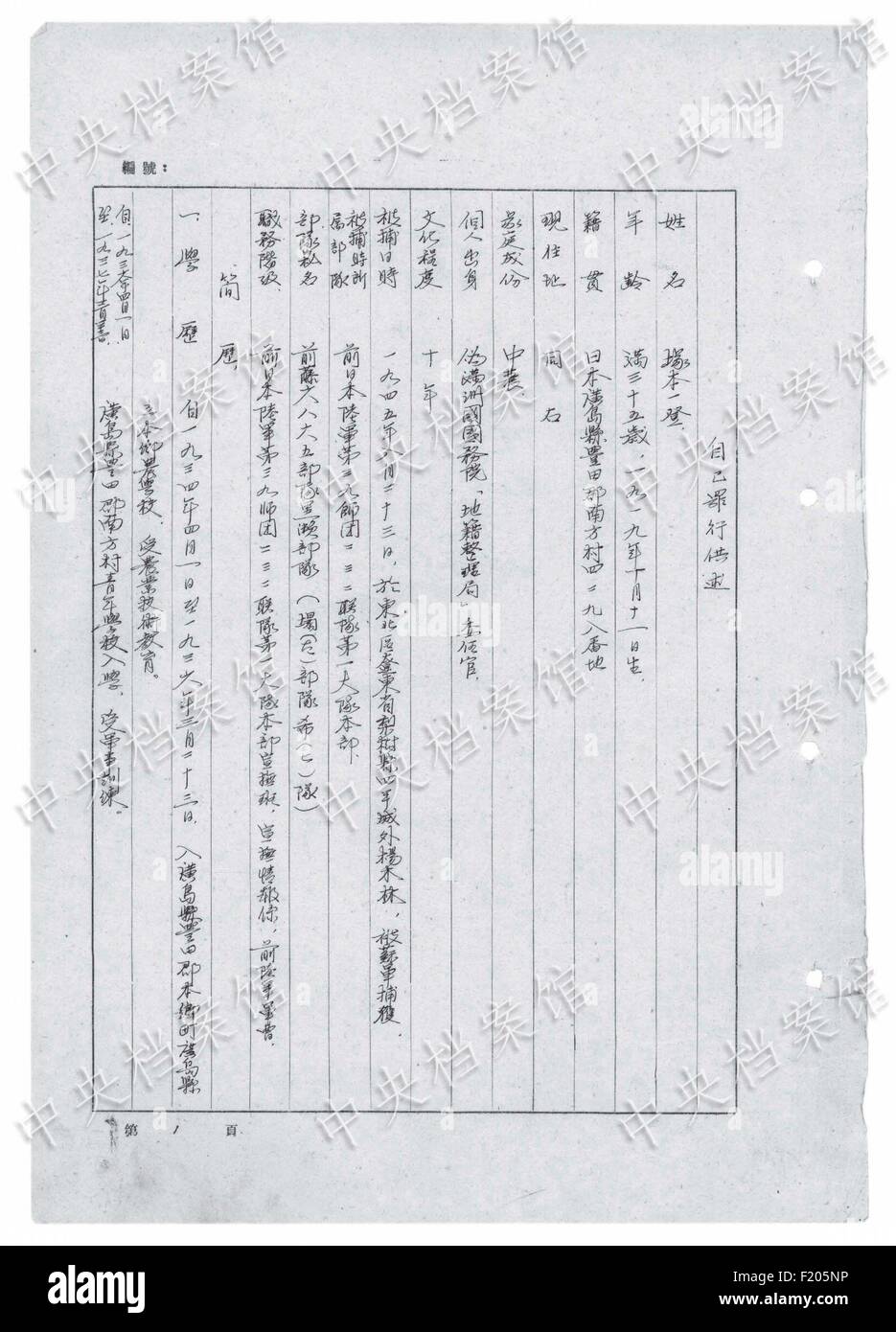 (150909)--Peking, 9. September 2015 (Xinhua)--Foto veröffentlicht am 9. September 2015 durch die State Archive Administration von China (SAA) auf seiner Website zeigt die chinesische Version eines Auszugs aus japanischen Kriegsverbrecher Kazuto Tsukamoto schriftliche Geständnis. Tsukamoto, 1919 geboren, trat in die japanische Armee im Jahre 1939 und wurde im August 1945 in China gefangen. In dem Dokument schrieb Tsukamoto, dass er und andere Soldaten über Dangyang County in Hubei am 25. Dezember 1943 fielen und Mord, Brandstiftung und Plünderungen durchgeführt. Etwa 100 Dorfbewohner, einschließlich Neugeborenen, Kindern, älteren Menschen und Stockfoto