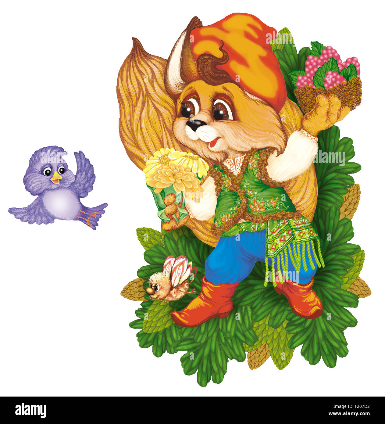 Ein kleines Eichhörnchen wird den Geburtstag eines Freundes und bringt Blumen und einen Korb mit Himbeeren. Raster-Abbildung Stockfoto Ein kleines Eichhörnchen wird den Geburtstag eines Freundes und bringt Blumen und einen Korb mit Himbeeren. Raster-Abbildung Stockfoto