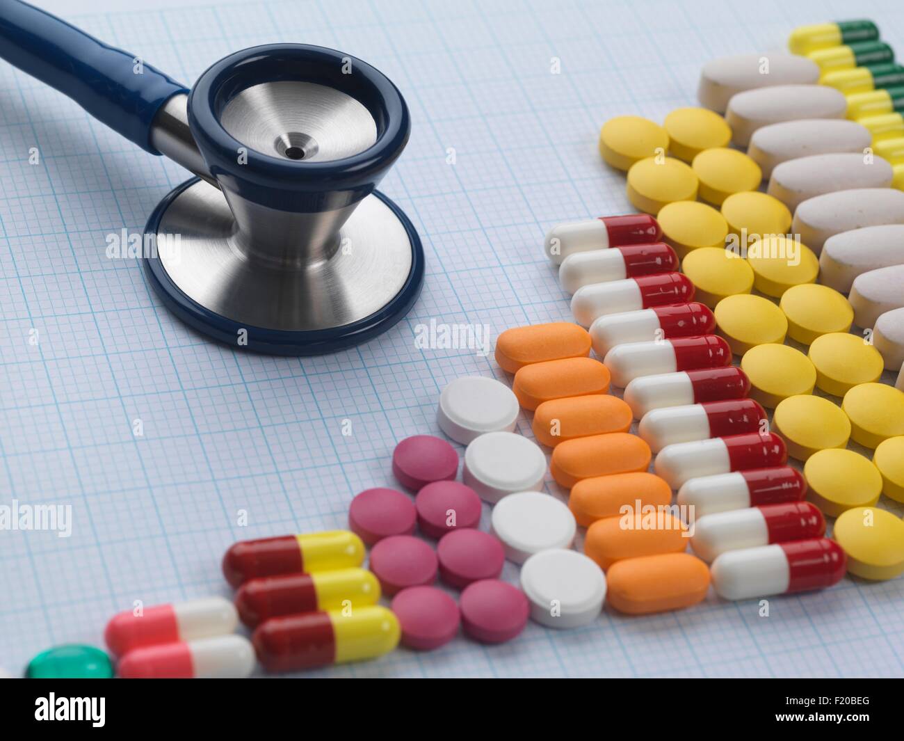 Vielzahl von Medizin und Stethoskop auf Zeichenpapier mit Maßeinteilung zur Erhöhung der medizinischen Drogenkonsum zu veranschaulichen Stockfoto