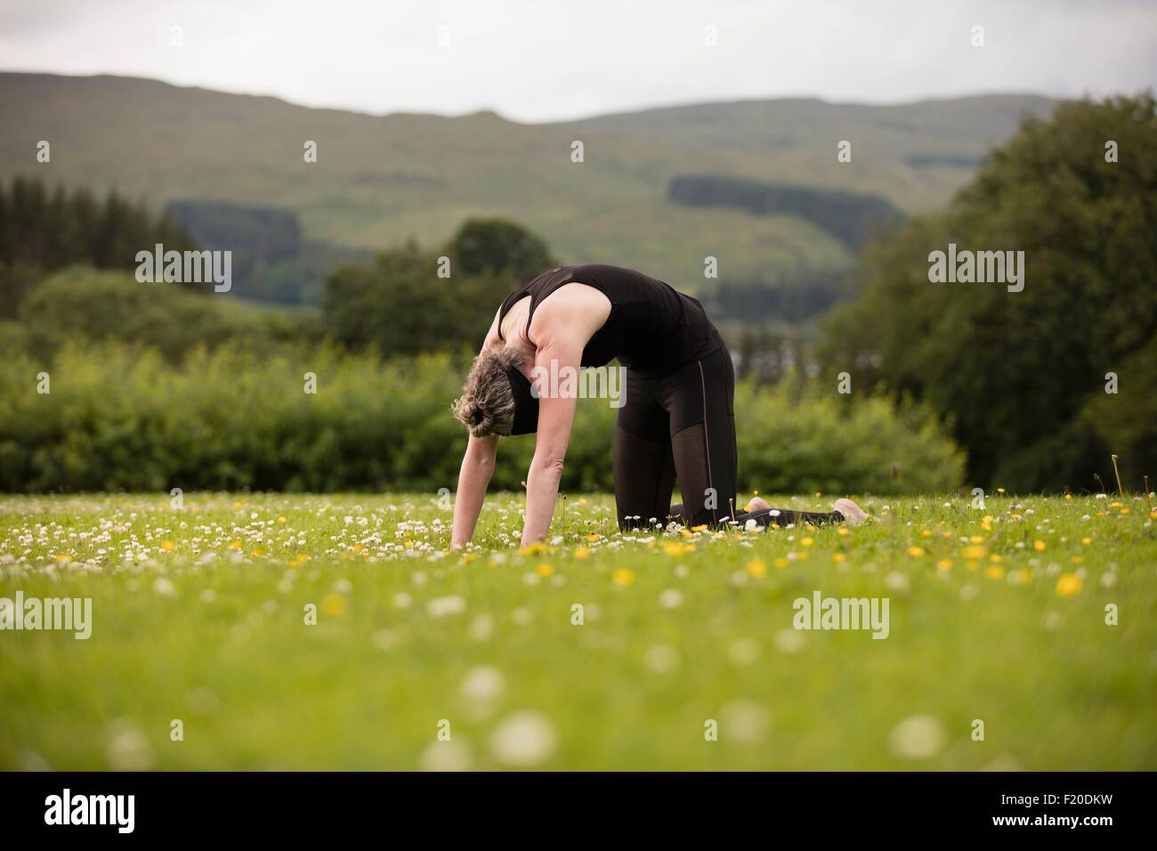 Reife Frau praktizieren Yoga nach hinten biegen im Feld Stockfoto