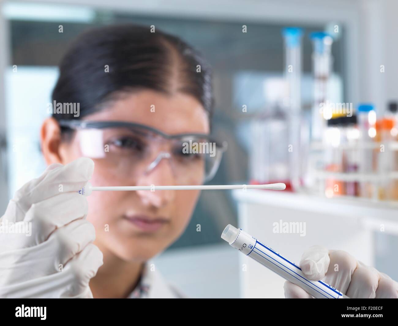 Wissenschaftlerin, die Gewinnung von DNA-Probe Tupfer für genetische Untersuchungen im Labor Stockfoto