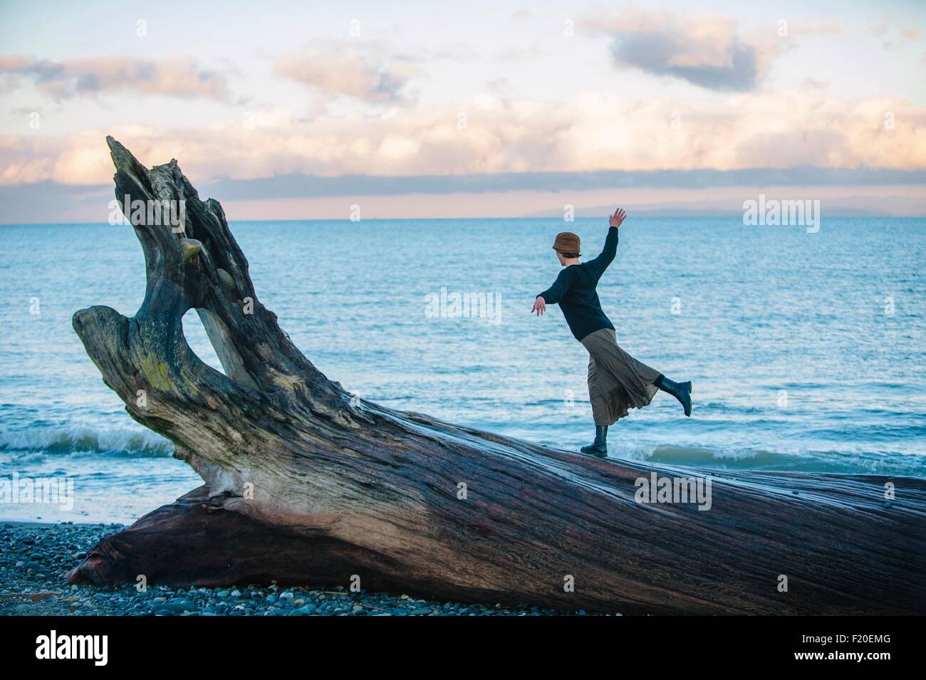 Frau steht auf große Treibholz Baumstamm am Strand Stockfoto