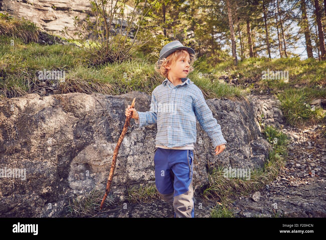 Ein kleiner Junge, hält Stock, Wald Stockfoto