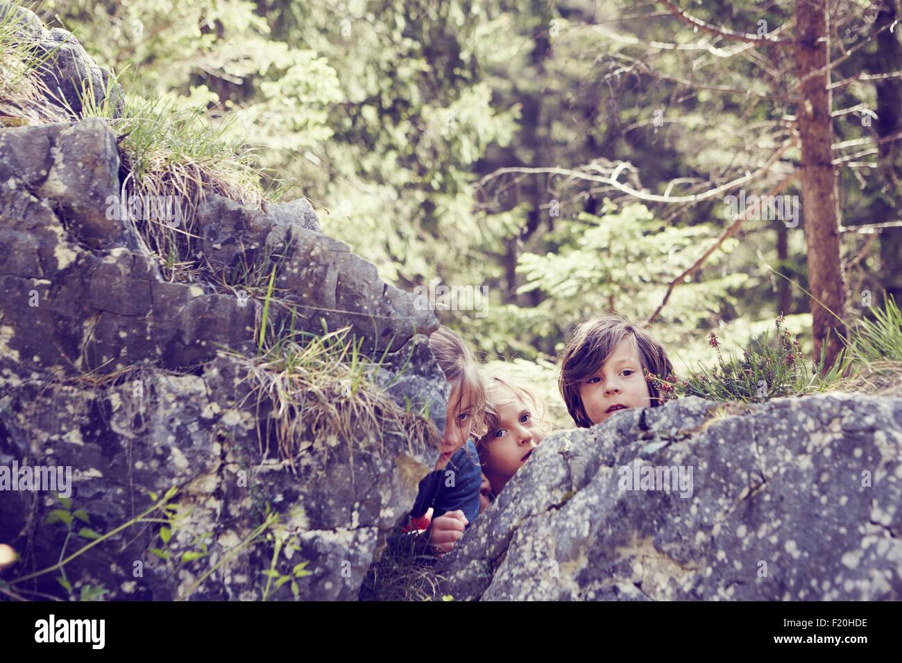 Drei Kinder versteckt sich hinter Felsen im Wald Stockfoto
