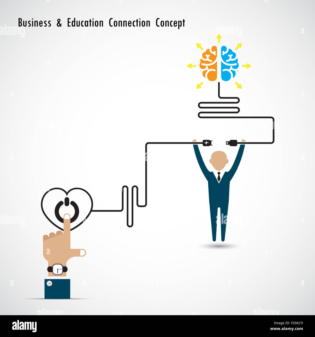Geschäftsmann und kreative Glühbirne Gehirn Symbol und wissen Verbindung Konzept. Wirtschaft und Bildung Verbindung Konzept. Stockfoto