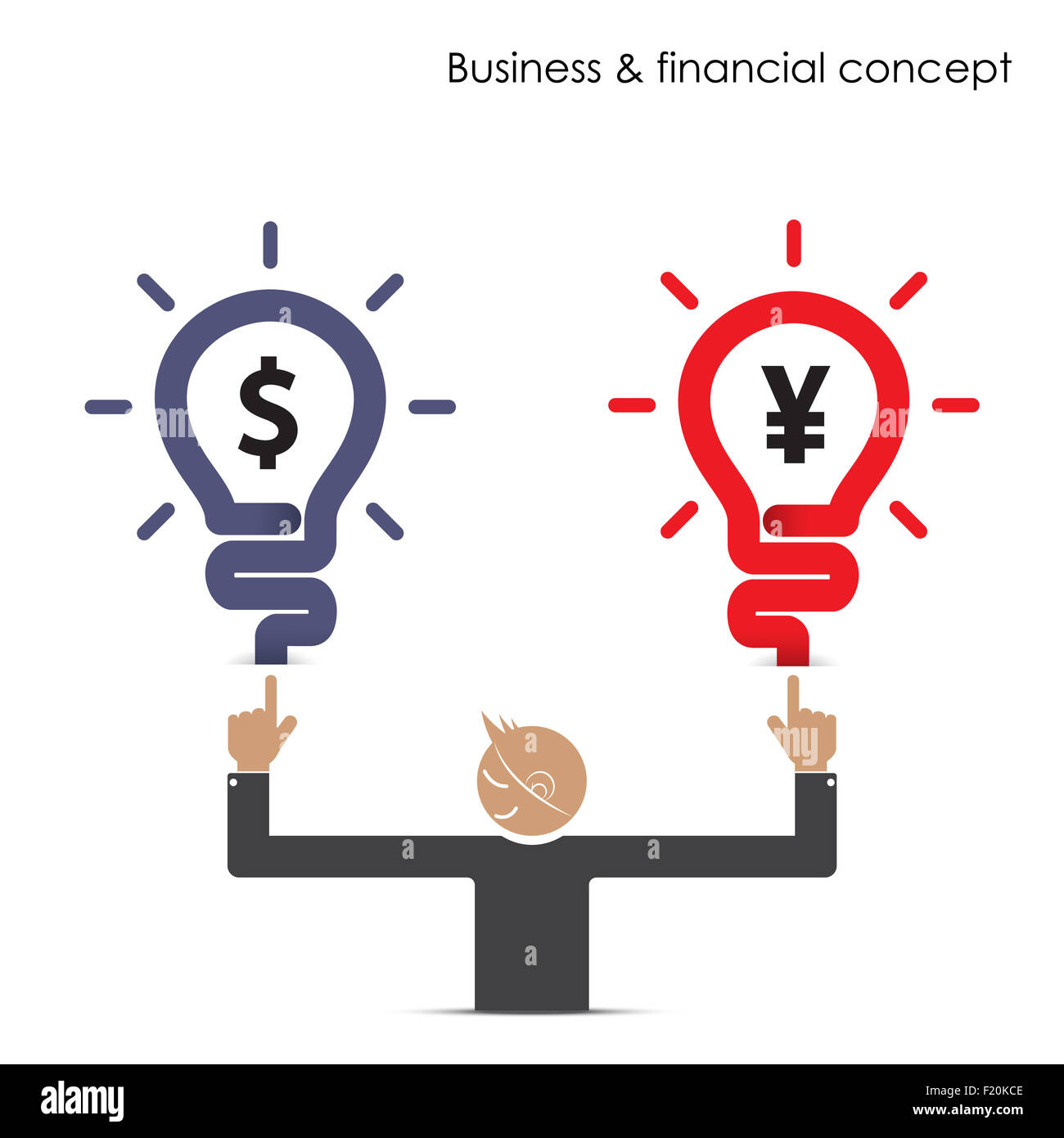 Geschäftsmann und Glühbirne unterzeichnen mit Geschäfts- und Finanzkonzept. Währung-Krieg-Konzept. Stockfoto