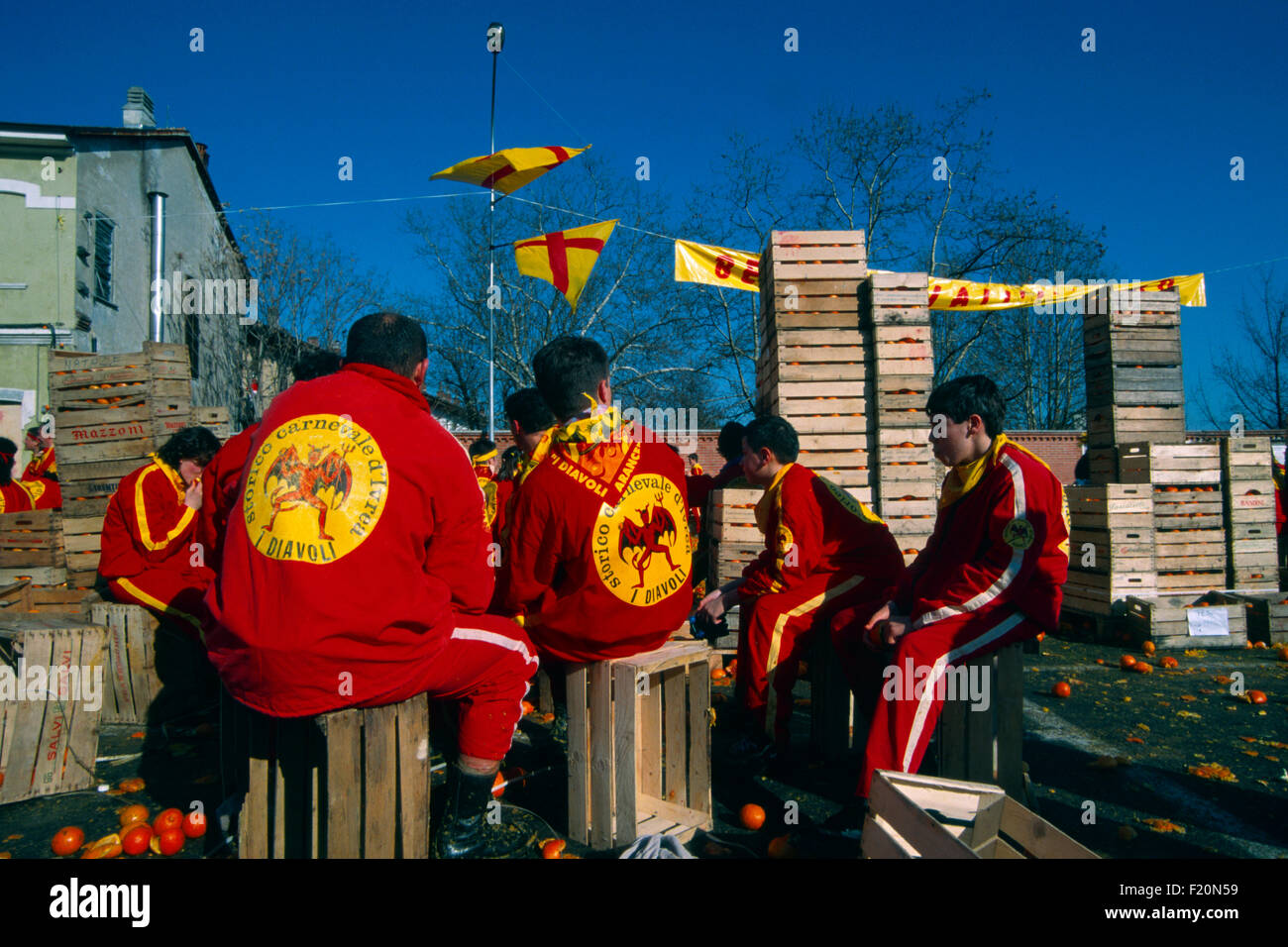 Italien, Piemont, Ivrea, Karneval von Ivrea, die Schlacht der Orangen. Stockfoto