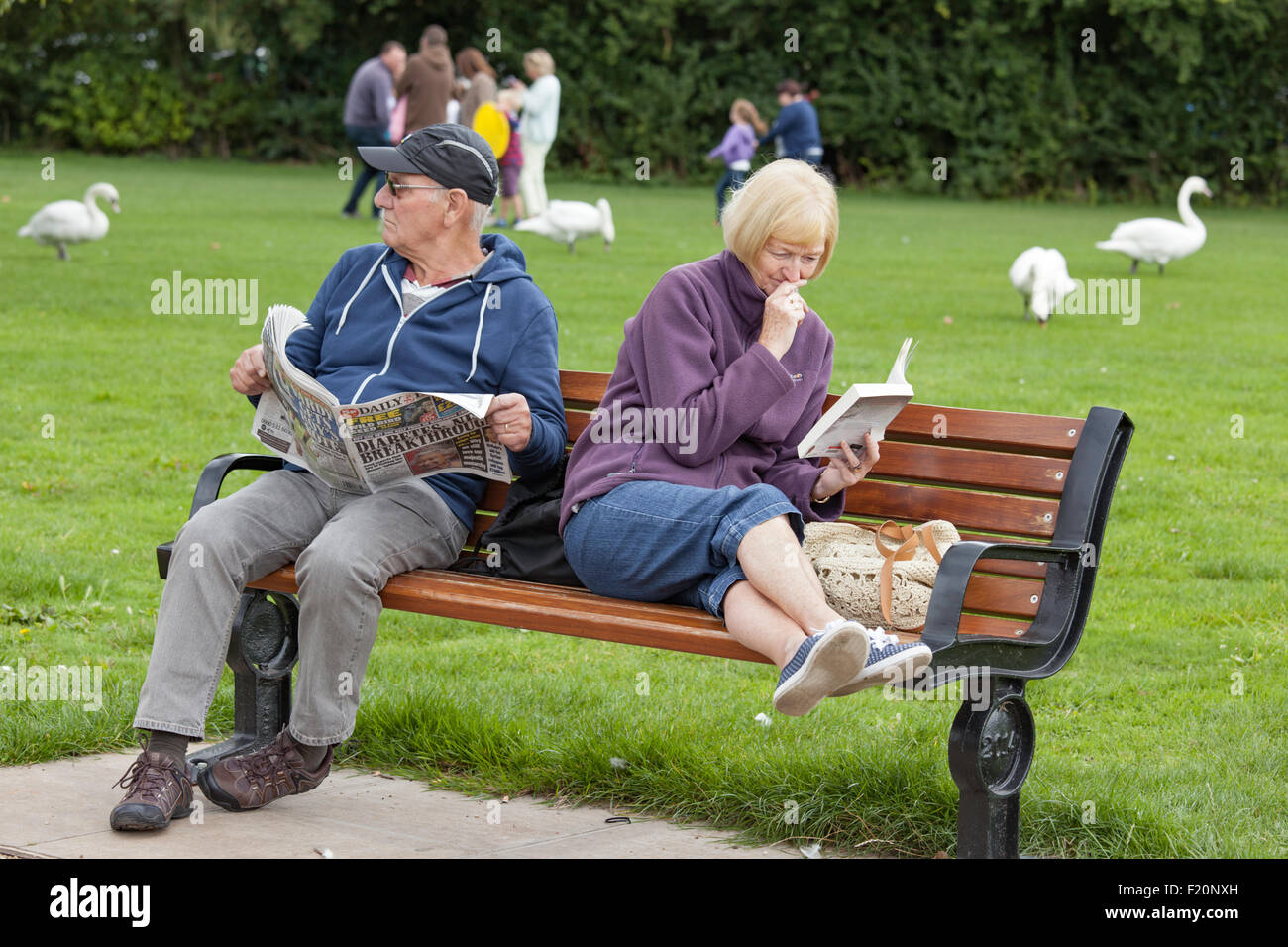 Applying paar, entspannend, die Dame mit einem Taschenbuch und der Mann mit einer Zeitung auf einem Park-Sitz, England, UK Stockfoto