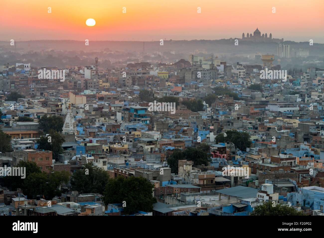 Indien, Rajasthan Zustand, Jodhpur, Sonnenaufgang auf dem Umaid Bawan Palast, der Palast des Maharadschas Stockfoto