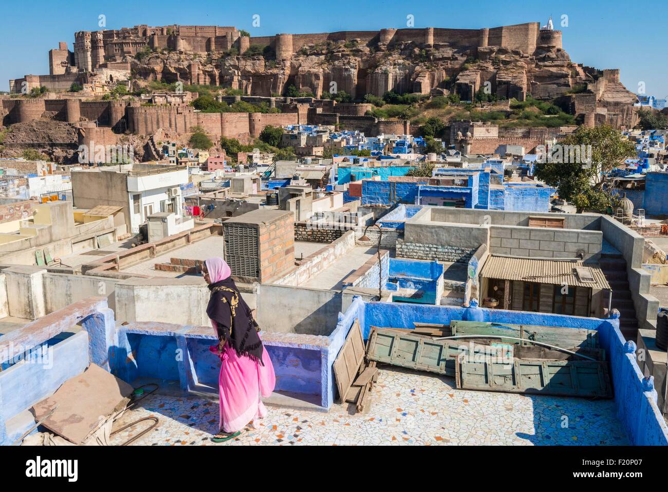 Indien, Bundesstaat Rajasthan, Jodhpur, das Mehrangarh Fort und die blaue Stadt Stockfoto