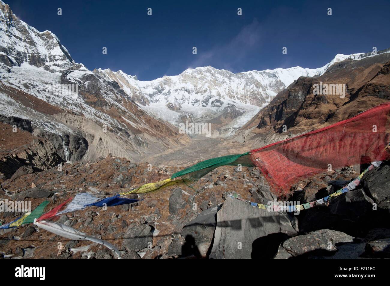 Nepal, Gandaki, Annapurna Region, Fahnen Gebet im Annapurna Base Camp, Annapurna 1 (8091m) im Hintergrund Stockfoto
