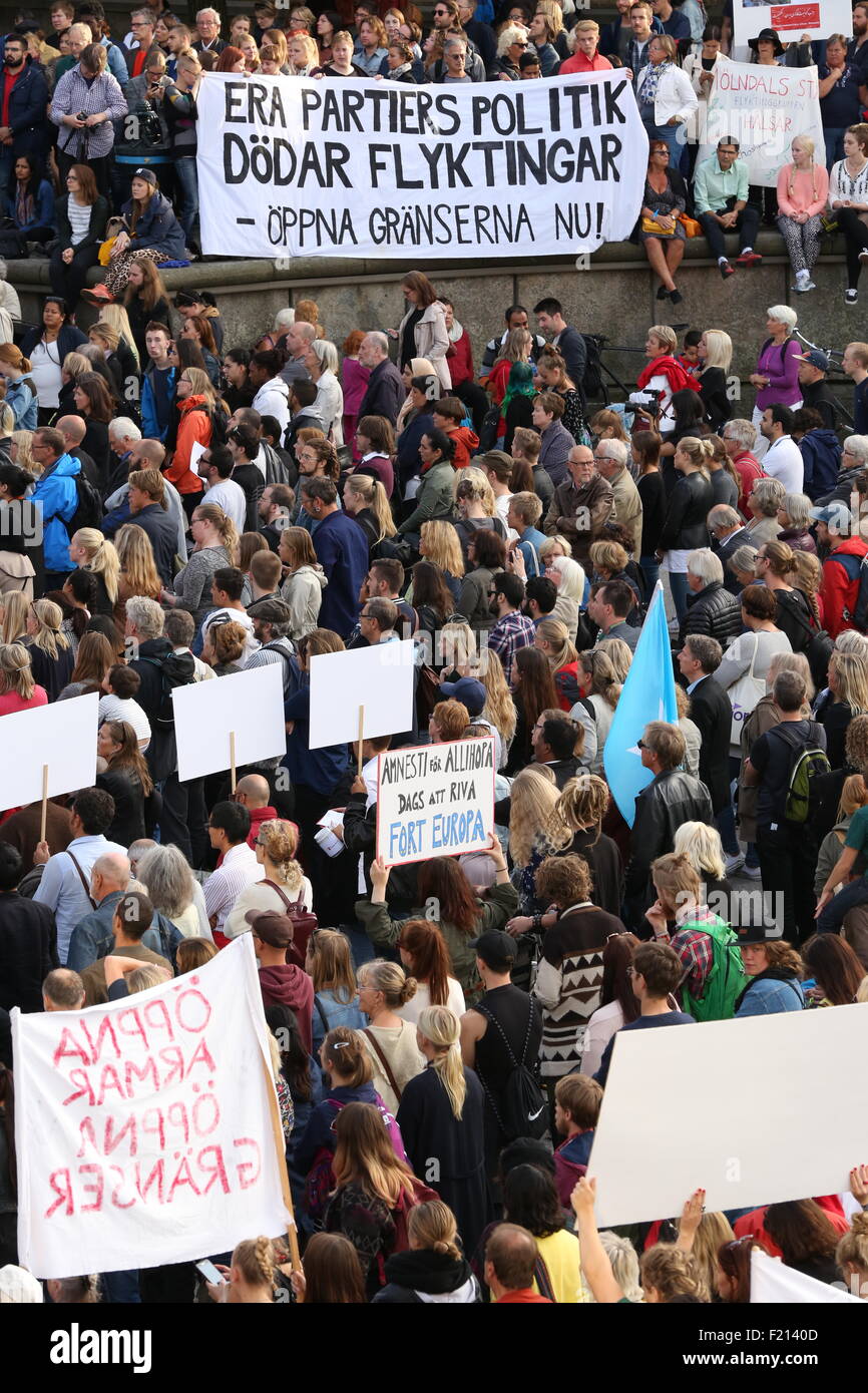 Flüchtlinge aufzunehmen. Rallye in Göteborg, Schweden auf 20150909, für die Abschaffung der syrische Flüchtlinge abschieben. Stockfoto