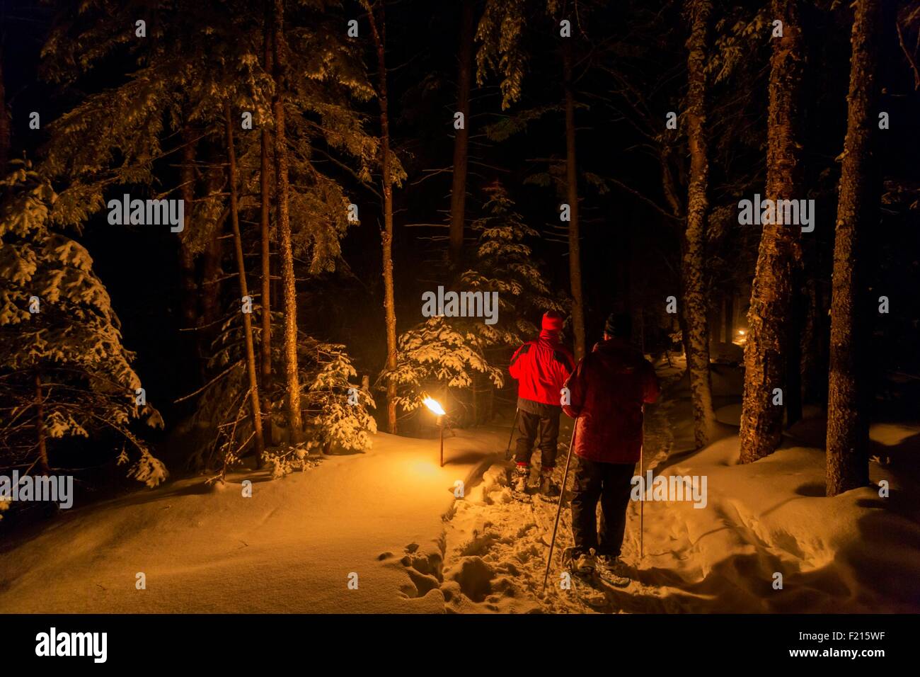Kanada, Provinz Quebec, Eastern Townships oder Estrie, Parc national du Mont Megantic, das Astrolab, Schneeschuhwandern im Licht der Fackeln Stockfoto