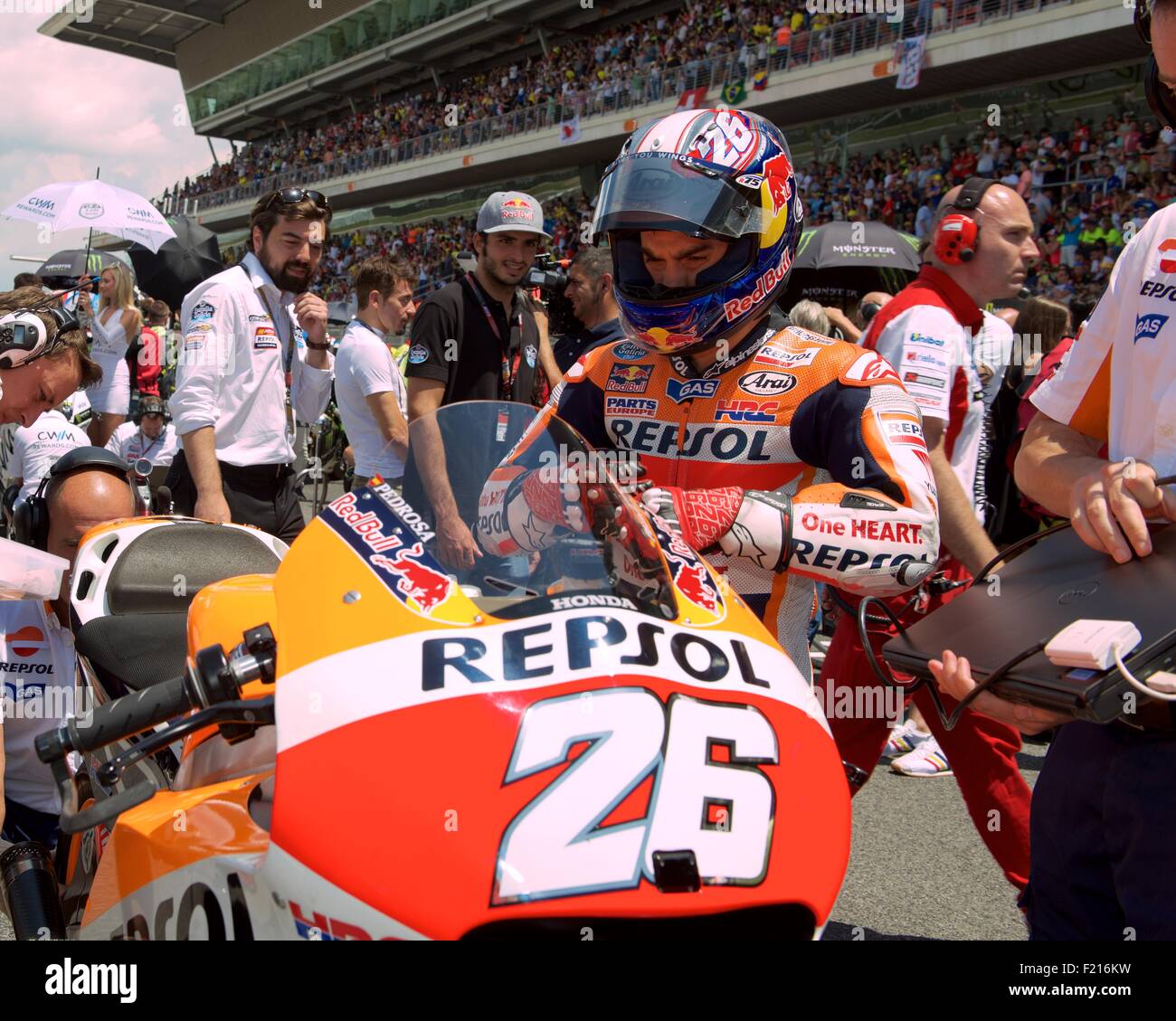 Circuit De Catalunya, Spanien 14. Juni 2015.  Repsol Honda Fahrer Dani Pedrosa auf dem Start-Raster Gran Premi De C vorbereiten Stockfoto