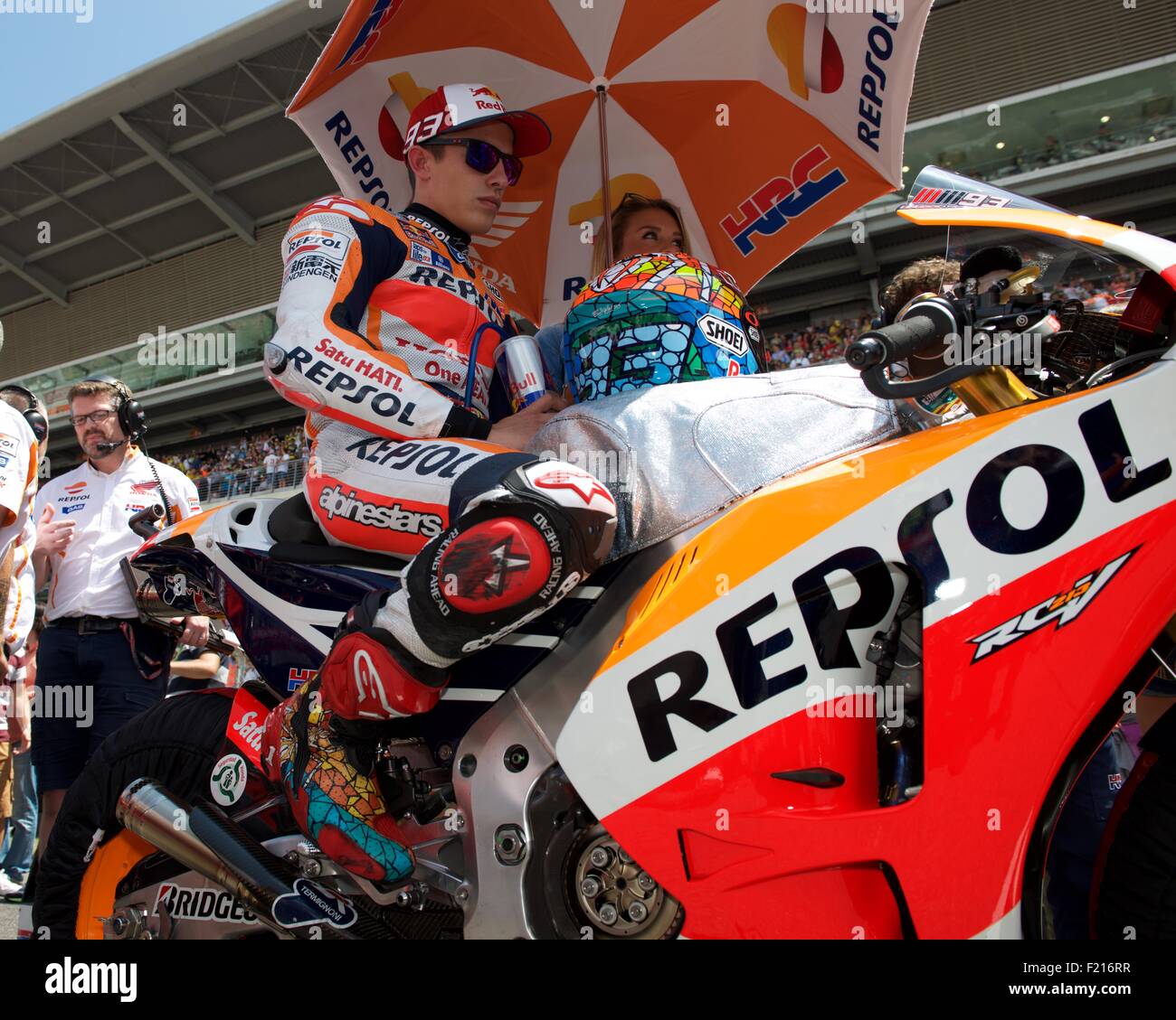 Circuit De Catalunya, Spanien 14. Juni 2015. Repsol Honda Fahrer und aktuellen Weltmeister Marc Marquez sitzt auf seinem Fahrrad auf th Stockfoto
