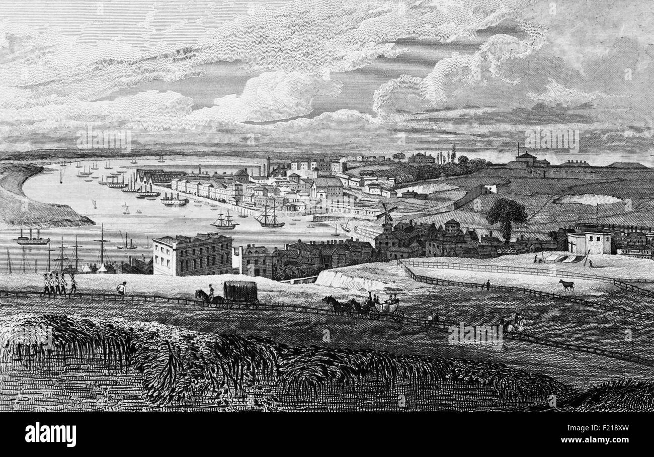 Eine 19th Jahrhundert Ansicht von Chatham Dockyard, eine Royal Navy Dockyard in der Mitte des 16th Jahrhunderts gegründet und, gelegen an der Fluss Medway in Kent, England. Sie entstand zu der Zeit, als sich nach der Reformation die Beziehungen zu den katholischen Ländern Europas verschlechtert hatten, was zu einer Forderung nach zusätzlichen Verteidigungsmaßnahmen führte und über 400 Jahre mehr als 500 Schiffe an die königliche Marine lieferte. Stockfoto