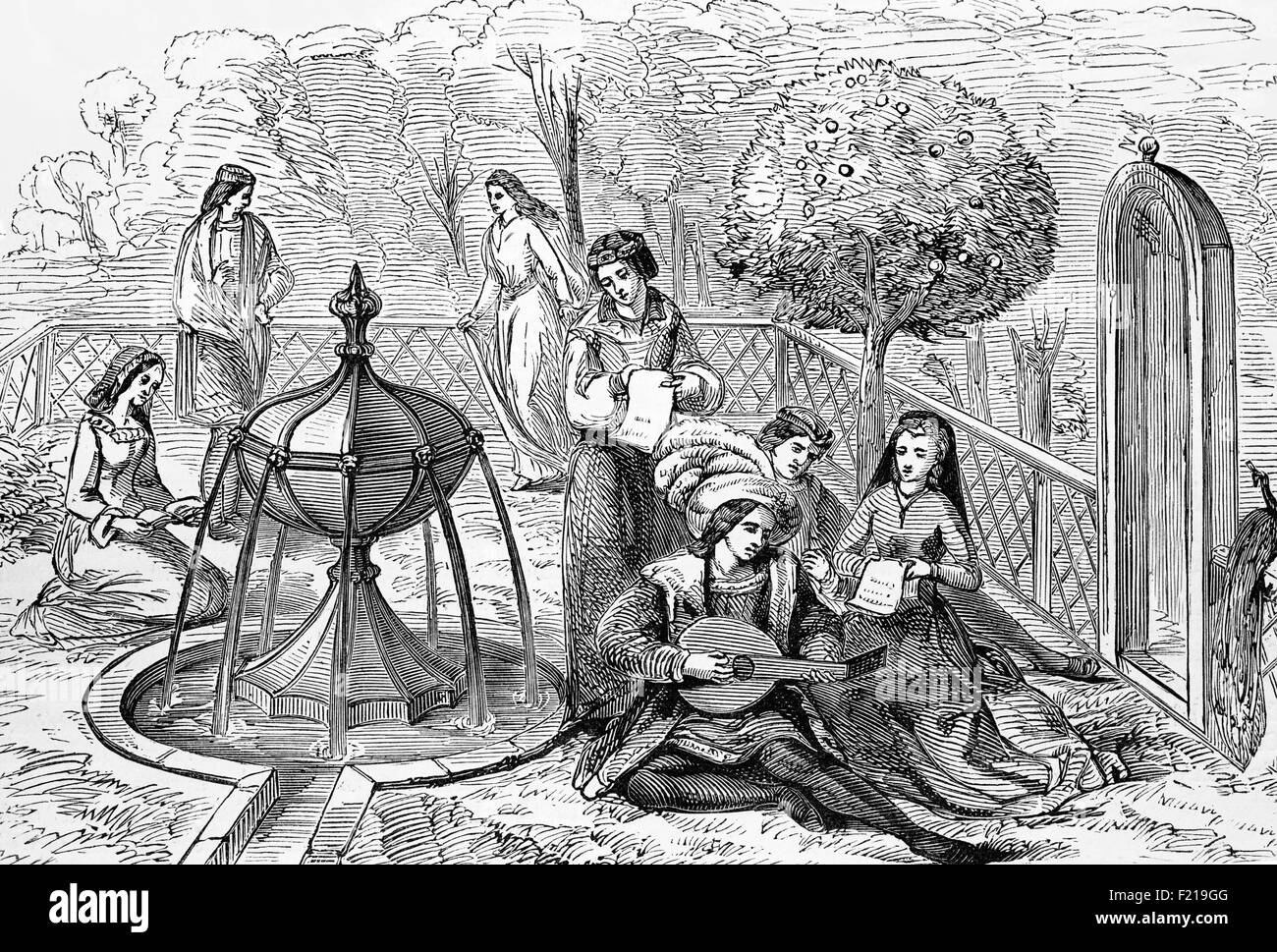 Die englische Aristokratie des 15th. Jahrhunderts amüsiert sich in einem typischen Garten mit Gesang und Musik, die von einem Lautenspieler geliefert wird. Stockfoto