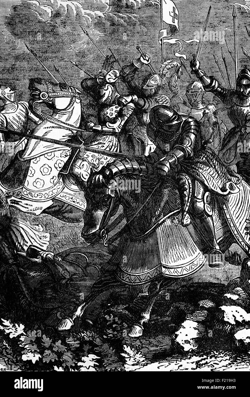 Die Schlacht von Guinegate oder die Schlacht der Spurs, Teil der Heiligen Liga unter den italienischen Kriegen fand in Frankreich am 16. August 1513. Englische und kaiserliche Truppen unter Heinrich VIII und Maximilian I. überraschten und verlegten einen Körper französischer Kavallerie. Stockfoto Die Schlacht von Guinegate oder die Schlacht der Spurs, Teil der Heiligen Liga unter den italienischen Kriegen fand in Frankreich am 16. August 1513. Englische und kaiserliche Truppen unter Heinrich VIII und Maximilian I. überraschten und verlegten einen Körper französischer Kavallerie. Stockfoto