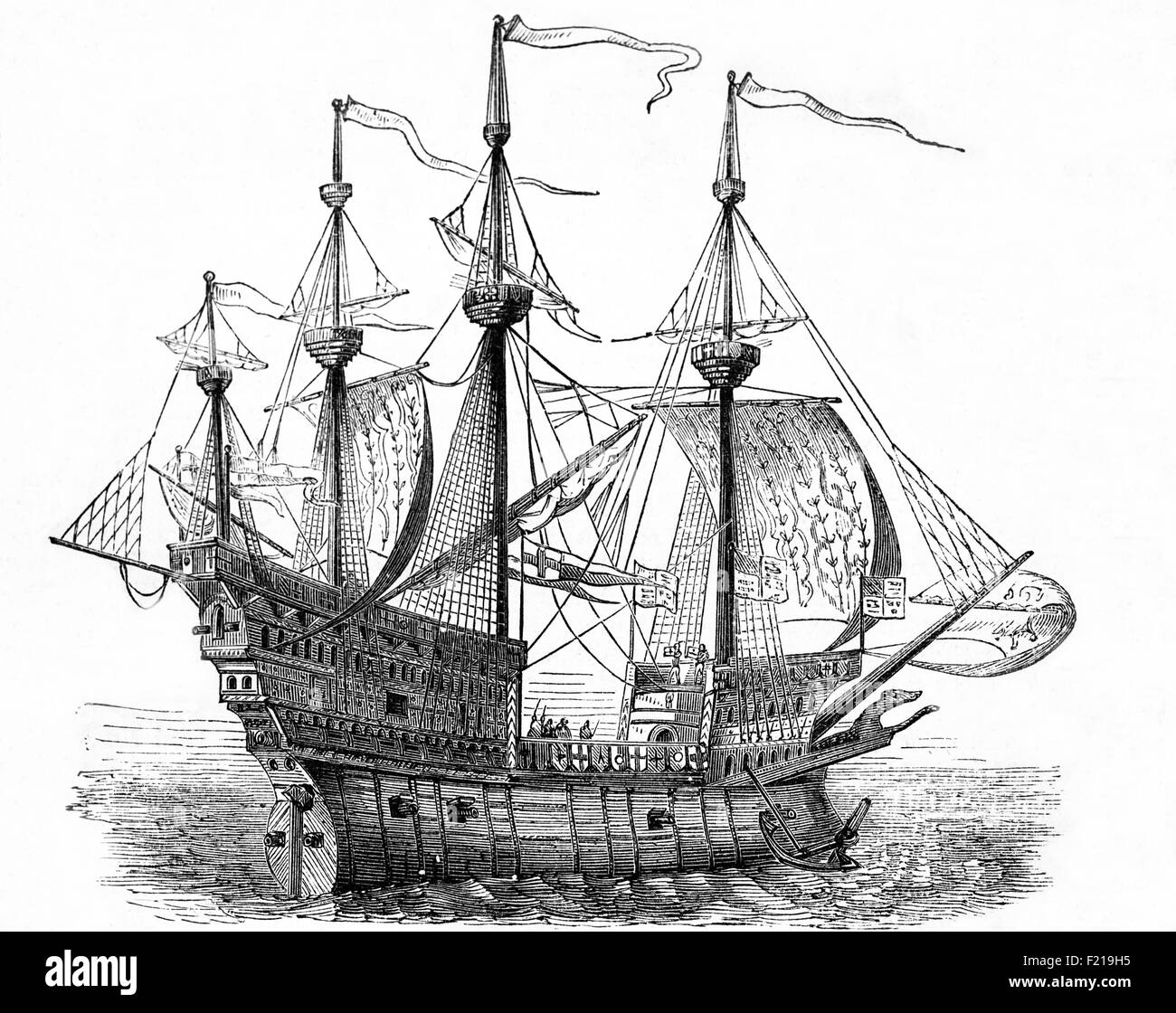 Die Mary Rose ist ein karrackartige Kriegsschiff der englischen Tudor-Marine von König Heinrich VIII. Sie diente 33 Jahre lang in mehreren Kriegen gegen Frankreich, Schottland und die Bretagne. Nach dem substanziellen Wiederaufbau im Jahr 1536, sah sie ihre letzte Aktion am 19. Juli 1545. Sie führte den Angriff auf die Galeeren einer französischen Invasionsflotte an, sank aber im Solent, der Meerenge nördlich der Isle of Wight. Nach einer Originalzeichnung des Künstlers des 16th. Jahrhunderts, Hans Holbein. Stockfoto