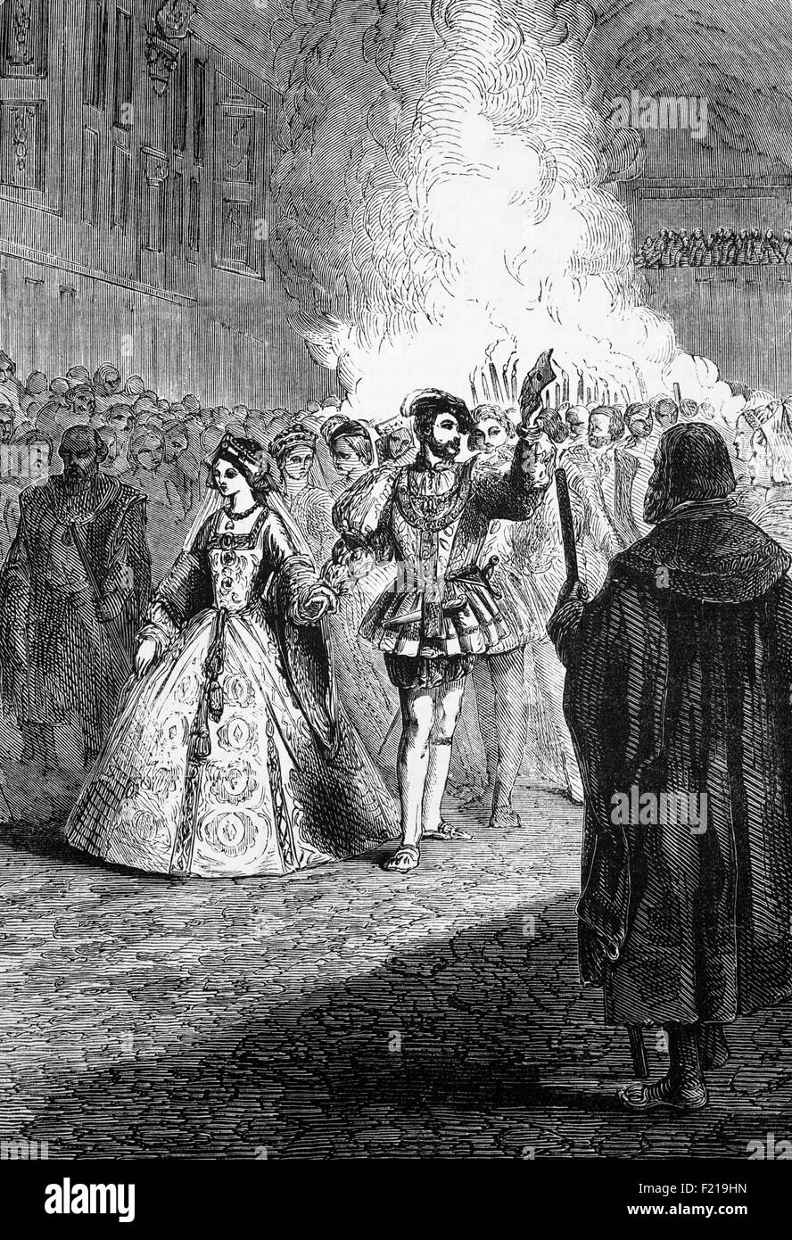 Heinrich VIII. mit Anne Boleyn tanzen auf einem Ball im alten Greenwich Palast im Jahre 1527, London, England Stockfoto