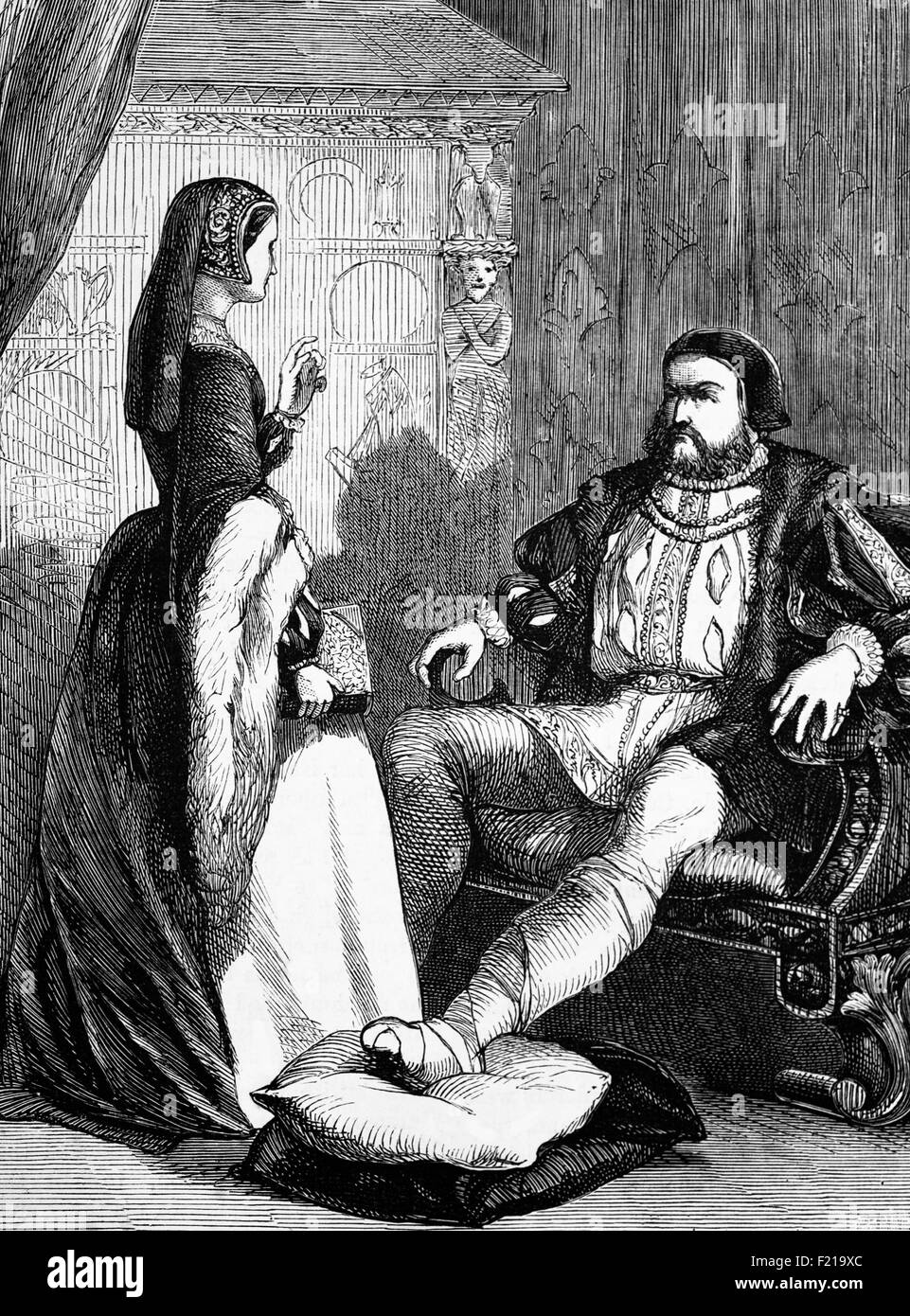 Heinrich VIII., möglicherweise unter Gicht und seiner letzten Frau, Königin Catherine Parr, London, England. Spät im Leben wurde Henry fettleibig, mit einem Taillenumfang von 54 Zoll und möglicherweise litt an Gicht. Seine Fettleibigkeit und andere medizinische Probleme können auf den Jousting Unfall im Jahr 1536, bei dem er erlitt eine Beinwunde, dass seine Ärzte schwer zu behandeln. Der rastende Unfall wird auch geglaubt, um Henry Stimmungsschwankungen verursacht zu haben, die eine dramatische Auswirkung auf seine Persönlichkeit und Temperament gehabt haben können. Stockfoto