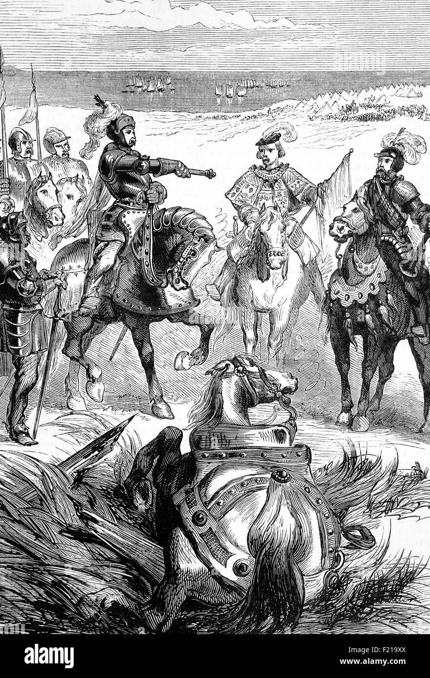 Ein Herald, der eine Herausforderung für einen Einzelkampf von Lord Huntley bis zum Herzog von Somerset abliefert; Ein Auftakt zur Schlacht von Pinkie Cleugh, am Ufer des Flusses Esk in der Nähe von Musselburgh, Schottland am 10. September 1547, Es war die letzte Schlacht zwischen schottischen und englischen Armeen auf den britischen Inseln, vor der Union der Kronen. Es war Teil des Konflikts als die Rough Wooing bekannt und gilt als die erste moderne Schlacht auf den britischen Inseln gewesen. Es war eine katastrophale Niederlage für Schottland, wo es als "Schwarzer Samstag" bekannt wurde Stockfoto