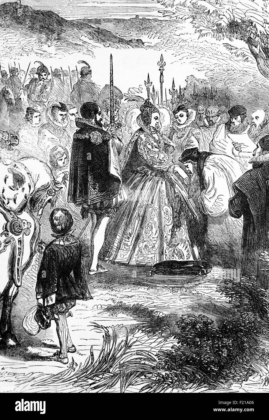 Elizabeth I AKA Jungfrau Königin oder gute Königin Bess, (1533-1603), Königin von England und Irland vom November 1558 akzeptiert die Treue der Bischöfe in Highgate, London, England. Nach dem Tod ihrer Halbschwester, Königin Maria I. oder Blutige Maria im Jahr 1558, Elizabeth gelang auf den Thron, und machte sich auf, um durch guten Rat zu regieren. Eine ihrer ersten Aktionen als Königin war die Errichtung einer englischen protestantischen Kirche, von denen sich in die Kirche von England. Stockfoto