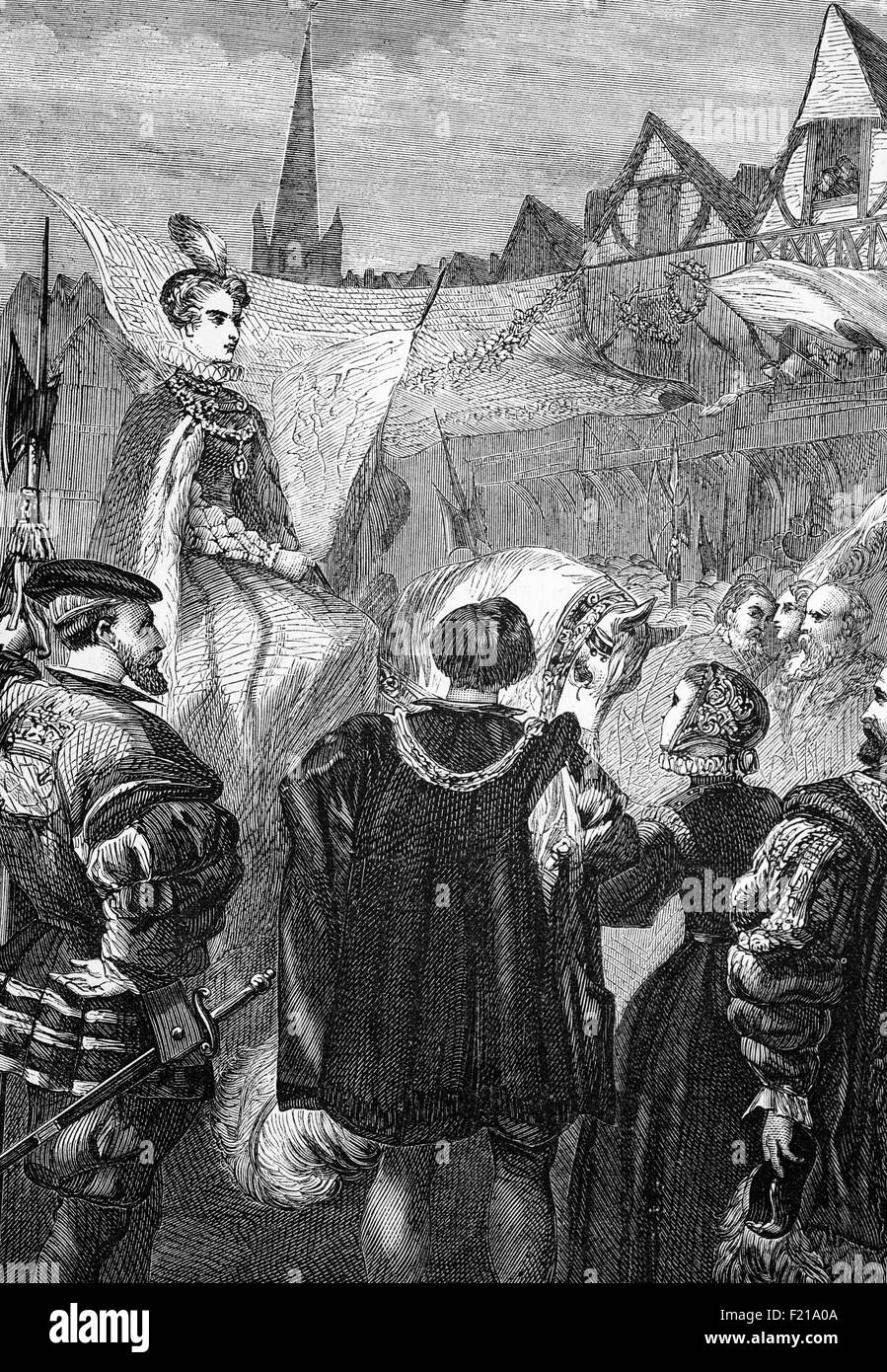 Der triumphale Fortschritt von Königin Elizabeth I (1533-1603) durch die Stadt London am Vorabend ihrer Krönungszeremonie. Sie wurde von den Bürgern von ganzem Herzen begrüßt und von Rednern und Festzügen begrüßt, die meisten mit einem starken protestantischen Geschmack. Elisabeths offene und gnädige Antworten liebten sie den Zuschauern, die "wunderbar hinreißend" waren. Am folgenden Tag, dem 15. Januar 1559, wurde Elisabeth am 15. Januar 1559 von Owen Oglethorpe, dem katholischen Bischof von Carlisle, in Westminster Abbey gekrönt und gesalbt. Stockfoto