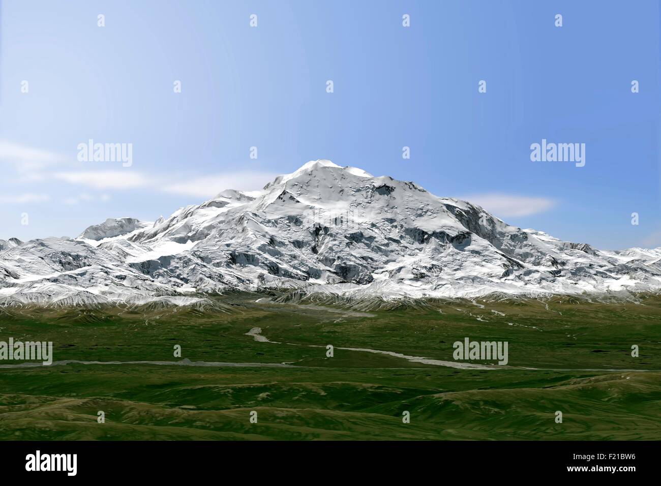 Jetzt genannt Mt McKinley Denali gesehen von der operativen Land Imager auf Landsat 8 15. Juni 2015 in der Erdumlaufbahn. Der Berg ist der höchste Berggipfel in Nordamerika. Die United States Geological Survey gab bekannt, dass Denali Gipfel eine neue, offizielle Höhe von 20.310 Metern (6.190) Ñ10 Fuß kürzer als Vermesser hatte in den 1950er Jahren bestimmt. Der Berg ist nicht geschrumpft. Stattdessen hat die Technologie verbessert. Stockfoto