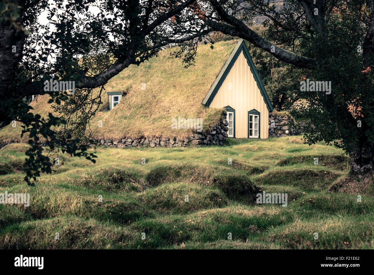 Hofskirkja - eine kleine Rasen-Top-Kirche und Friedhof in Hof, Island Stockfoto