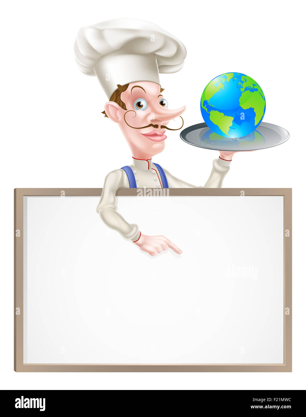 Eine Abbildung eines Cartoon-Chef ein Tablett mit einer Weltkugel festhalten und deutete auf ein Schild. Könnte Welt cu darstellen Stockfoto