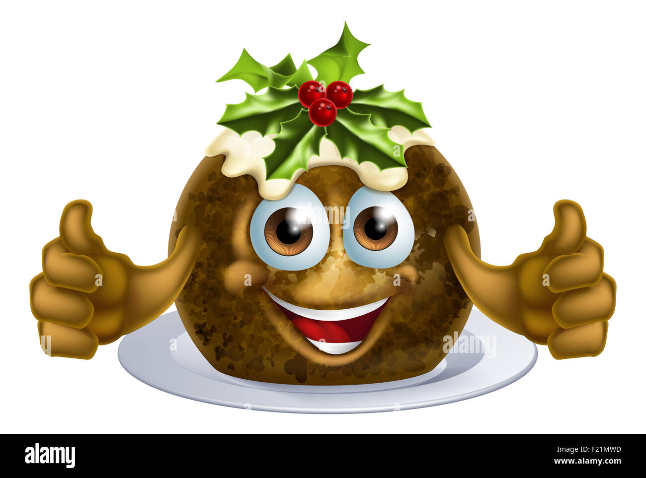 Ein Beispiel für einen Christmas Pudding Kuchen Maskottchen Mann mit Holly an der Spitze Stockfoto