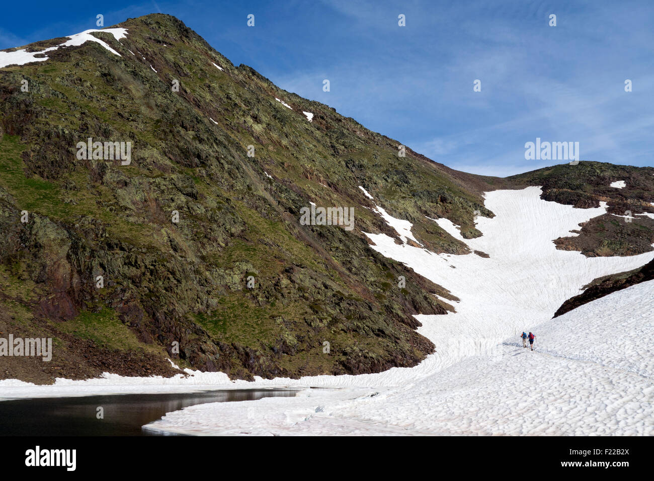Wanderer auf Comapedrosa Gipfel nähert. Pyrenäen. Andorra Stockfoto