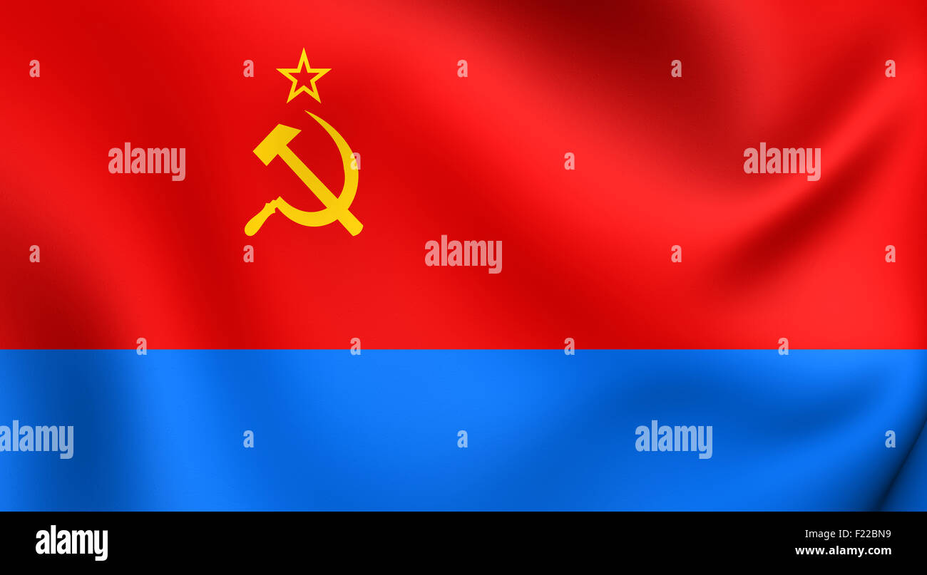 3D Flagge der Ukrainischen SSR (Ukrainische SSR). Hautnah. Stockfoto