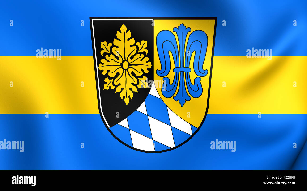 3D Flagge Unterallgau Kreis, Deutschland. Hautnah. Stockfoto