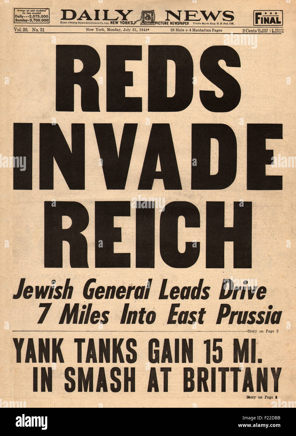 1944 daily News (New York) Titelseite Berichterstattung der Roten Armee dringen deutsche Provinz Ostpreußen Stockfoto