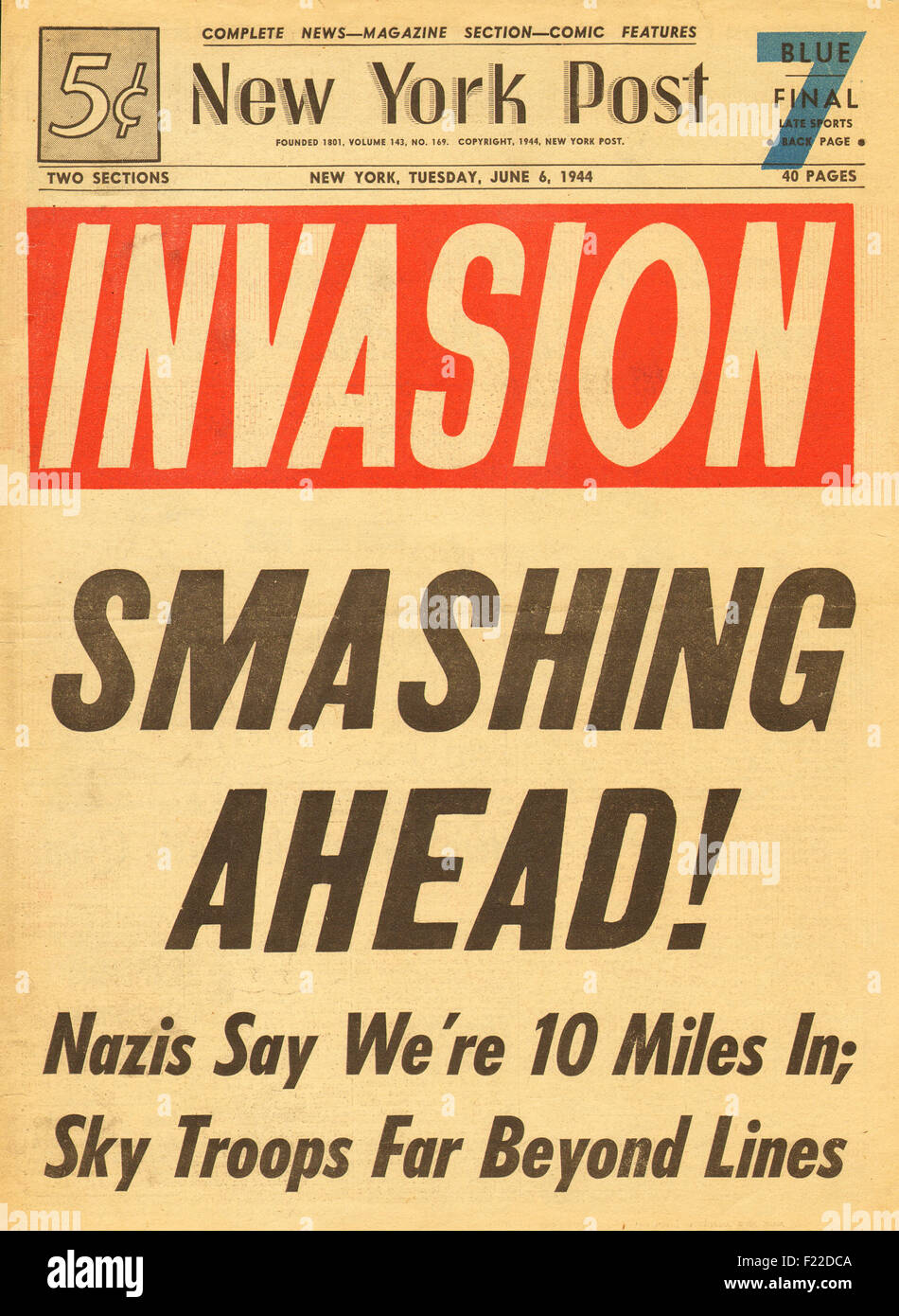 1944 New York Post Titelseite Berichterstattung der d-Day Landungen in der Normandie, Frankreich Stockfoto