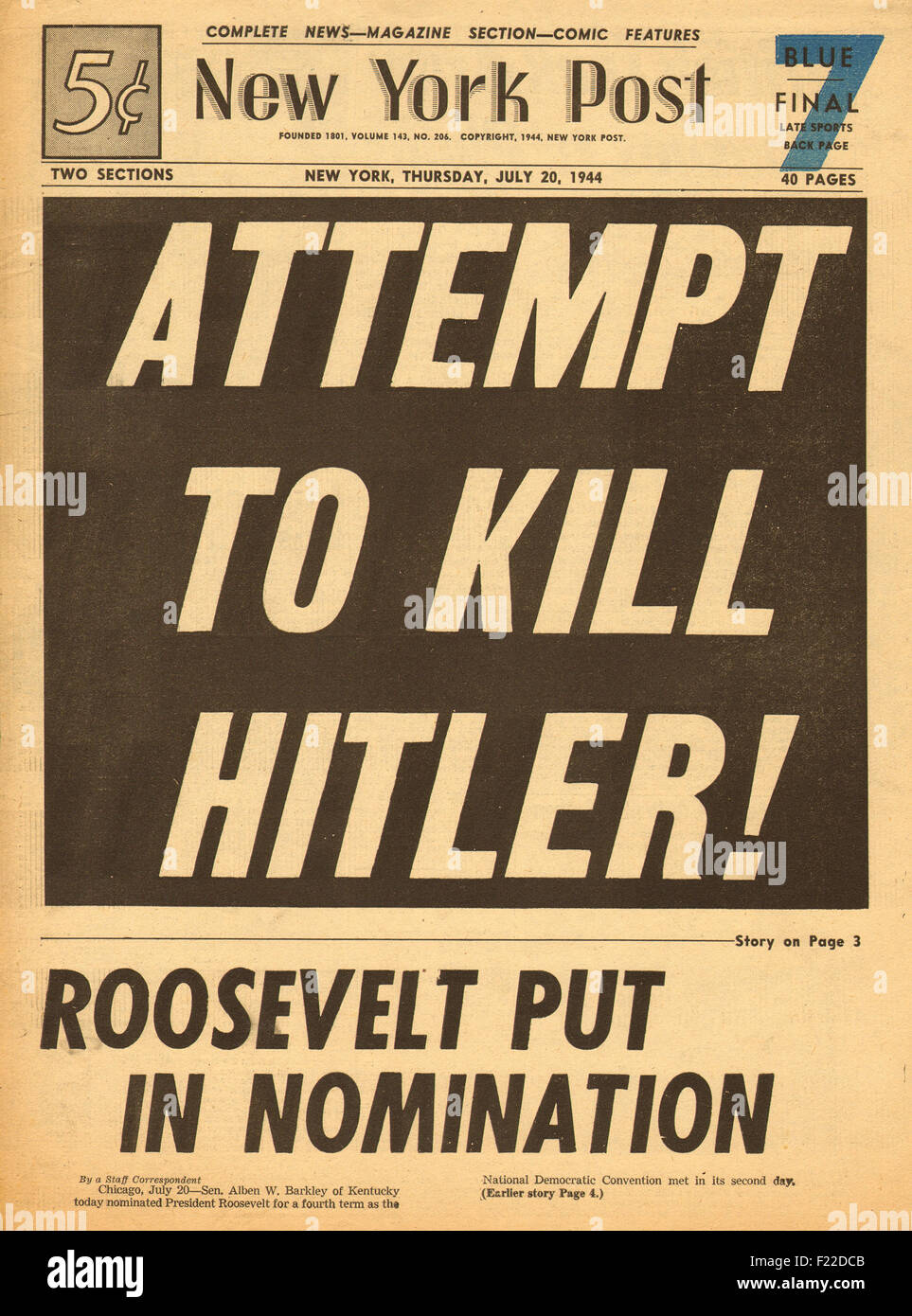 1944 New York Post Titelseite Berichterstattung des Attentats auf Adolf Hitler Stockfoto