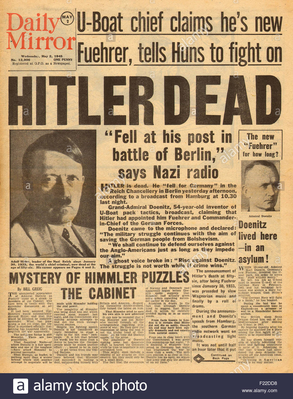 1945 daily Mirror Titelseite der Tod von Adolf Hitler Stockfoto, Bild: 87335620 - Alamy