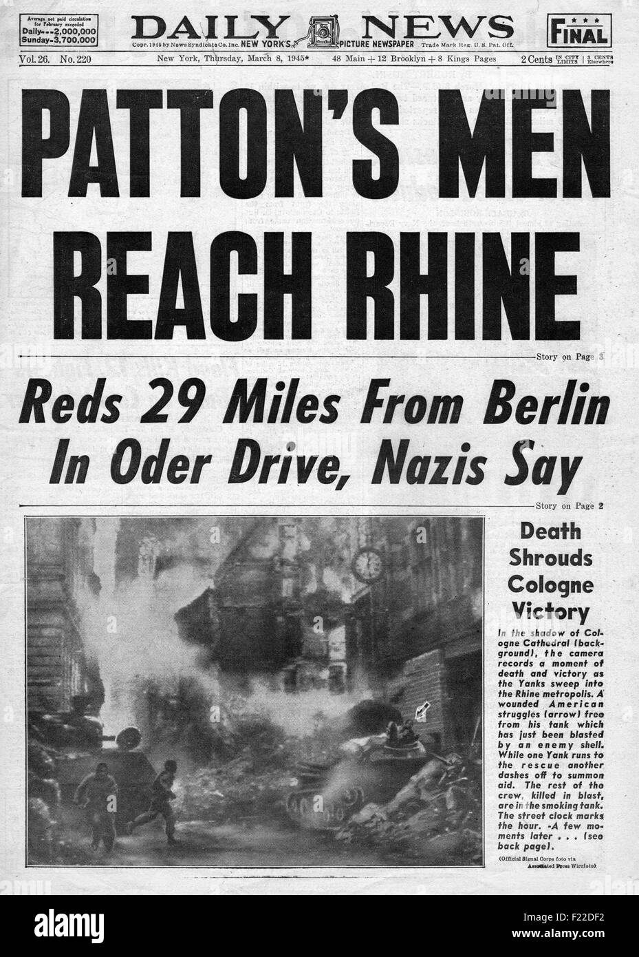 1945 erreicht daily News (New York) Titelseite berichtet General Patton am Rhein Stockfoto